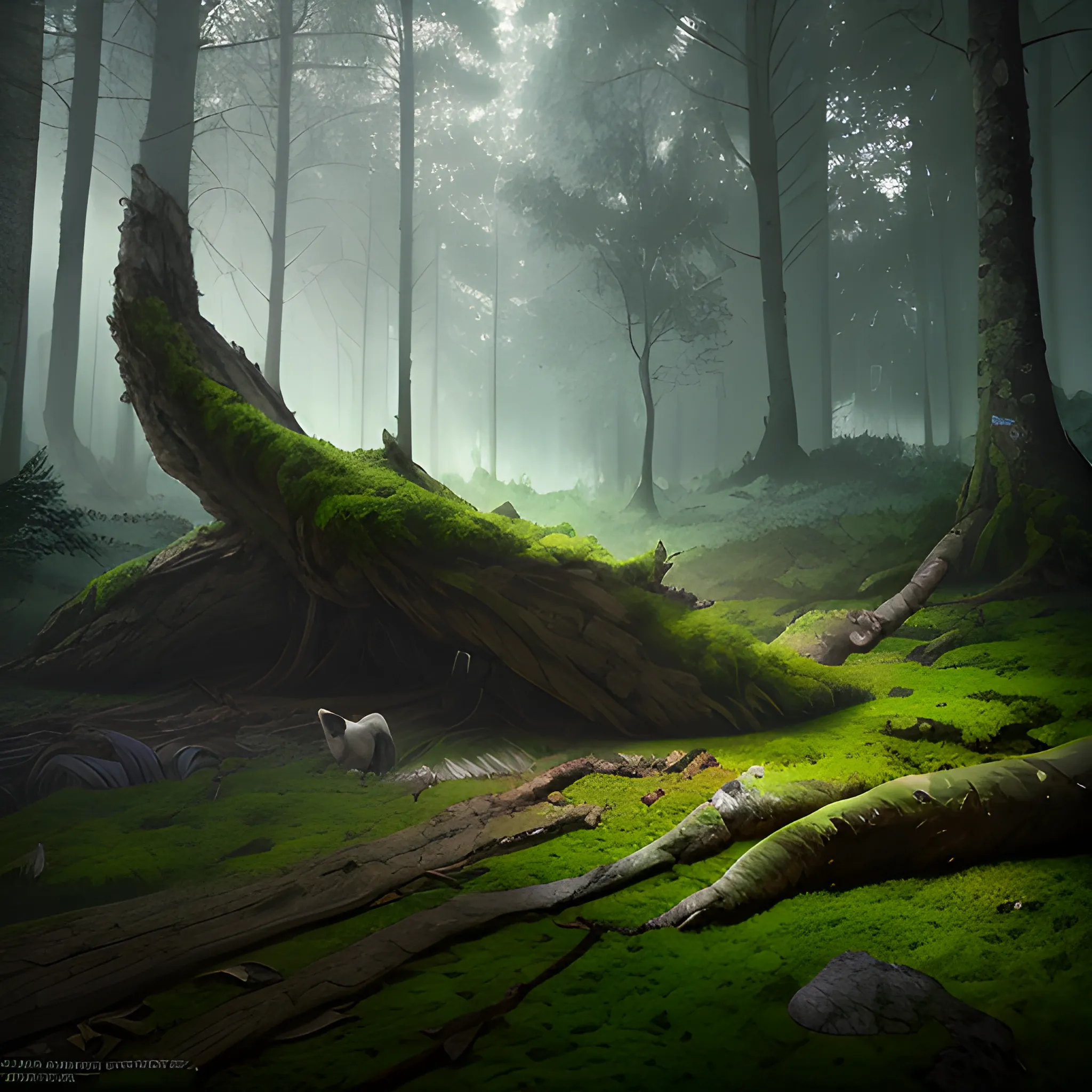 concept arte fantasy realistic wood, sorrounded by trees of green and brown, blue cinematic lighting, digital painting, arcane style, volumetric lighting in the middle of the forest, forest background, fallen trunk in the foreground on the left side with moss on top, one big grey wolve in the middle of the forest