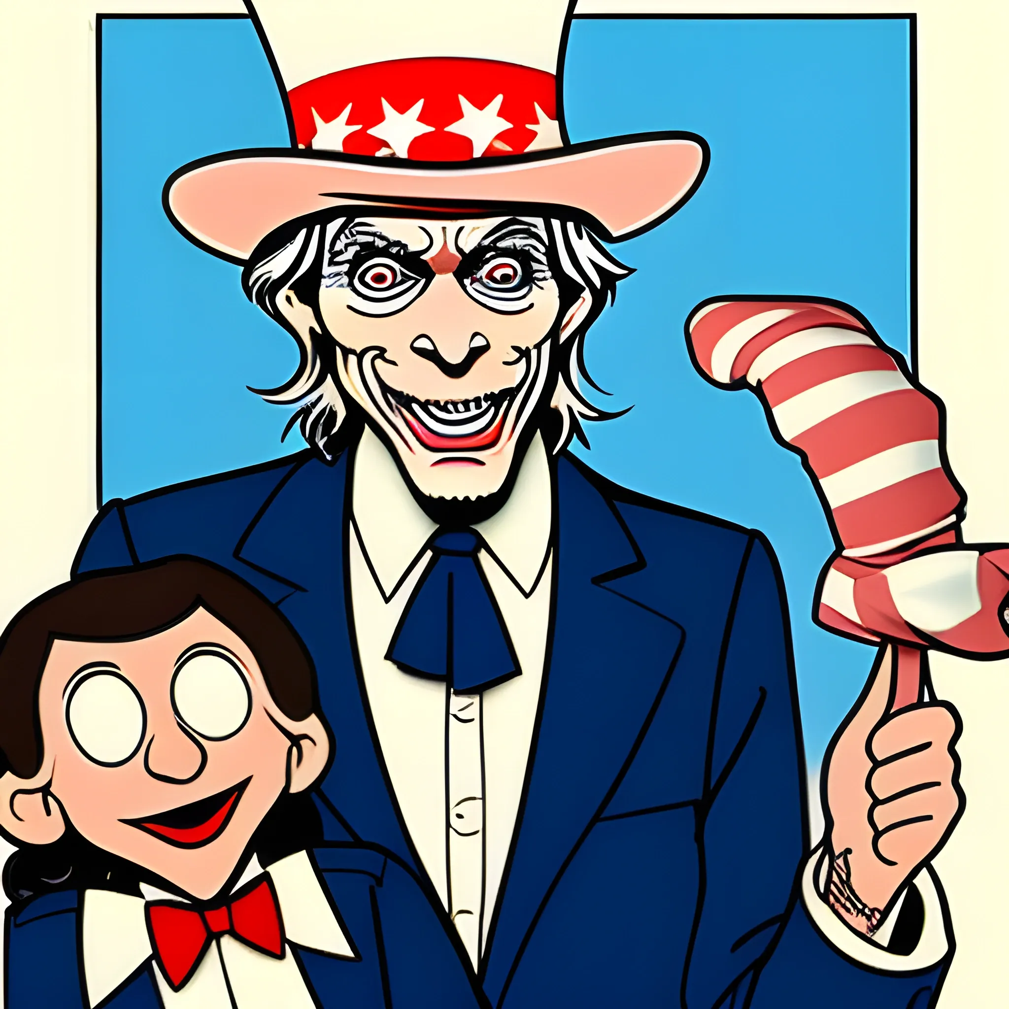 I want a cartoon of uncle sam acting as a puppeteer for milei and macri
, Cartoon