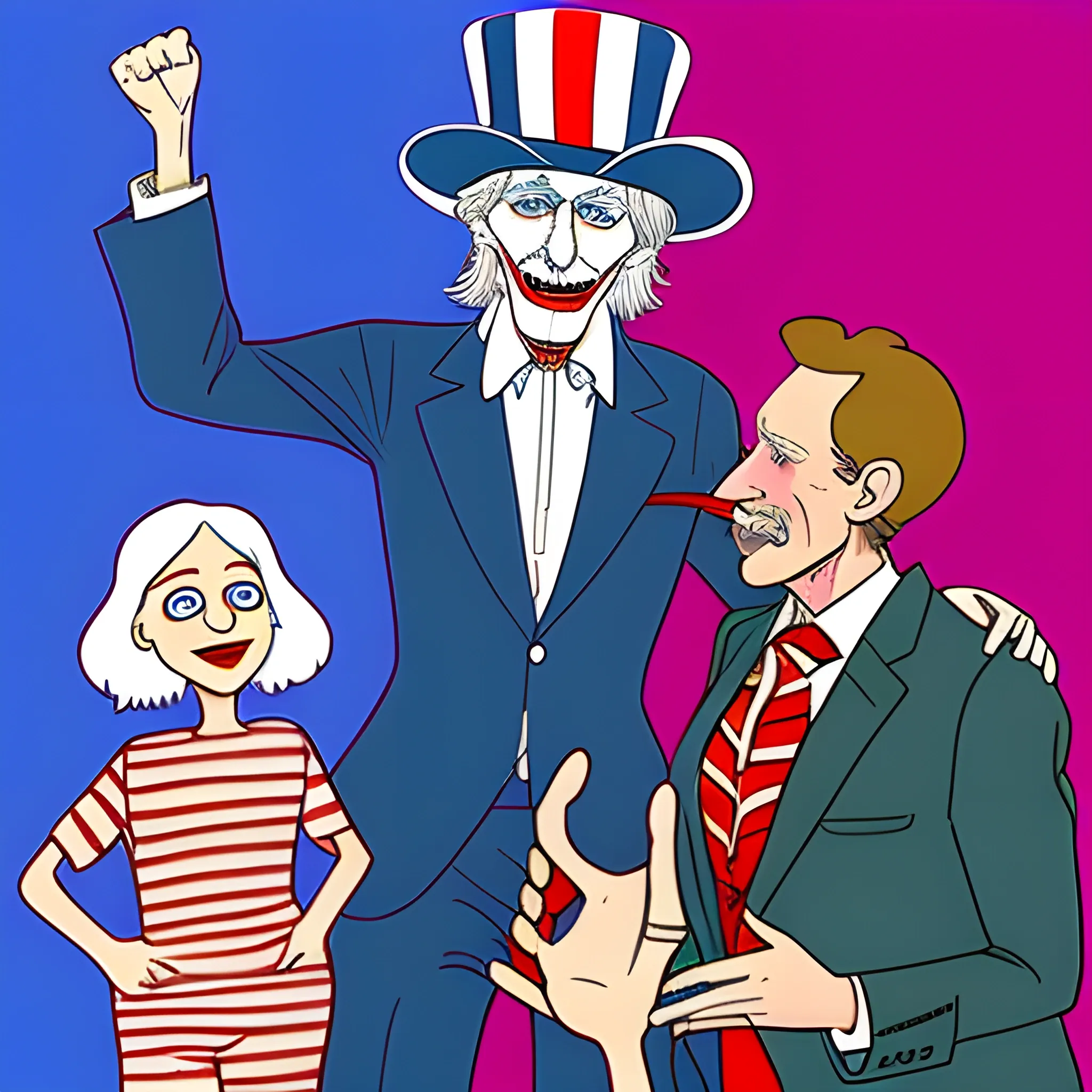 I want a cartoon of uncle sam acting as a puppeteer for milei and macri
, Cartoon, Trippy