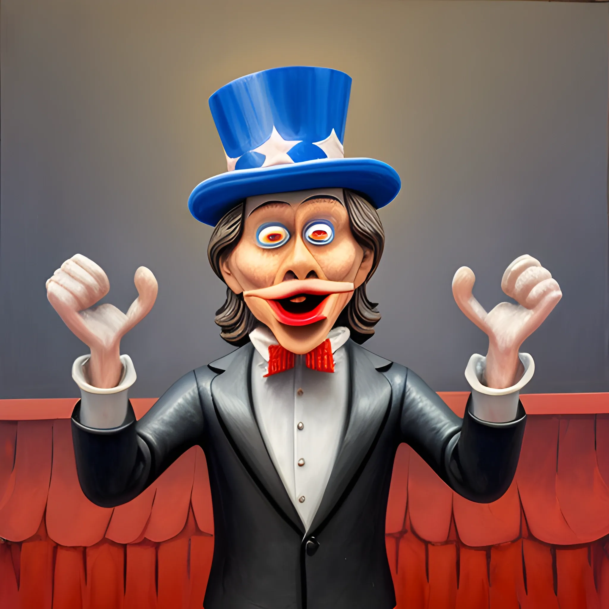 I want a cartoon of uncle sam acting as a puppeteer for milei and macri
3D, Cartoon, Oil Painting