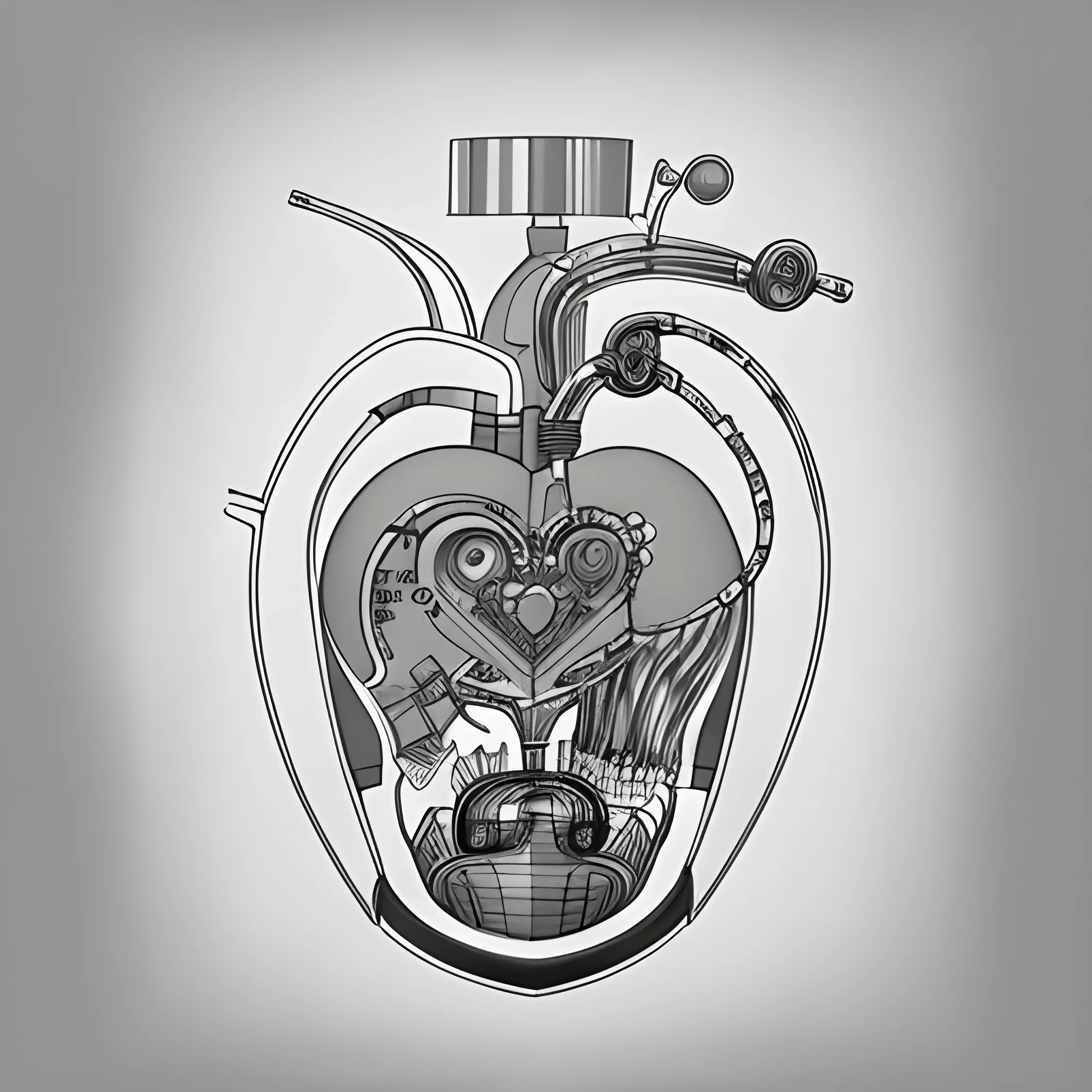 CREATE IN DRAWING AS IF YOU WERE A PROFESSIONAL DRAFTSMAN AN SYMMETRICAL BIO-MECHANICAL ARTIFICIAL HEART WITHOUT COLOR ON A WHITE SHADE SHADED WITH GRAPHENE