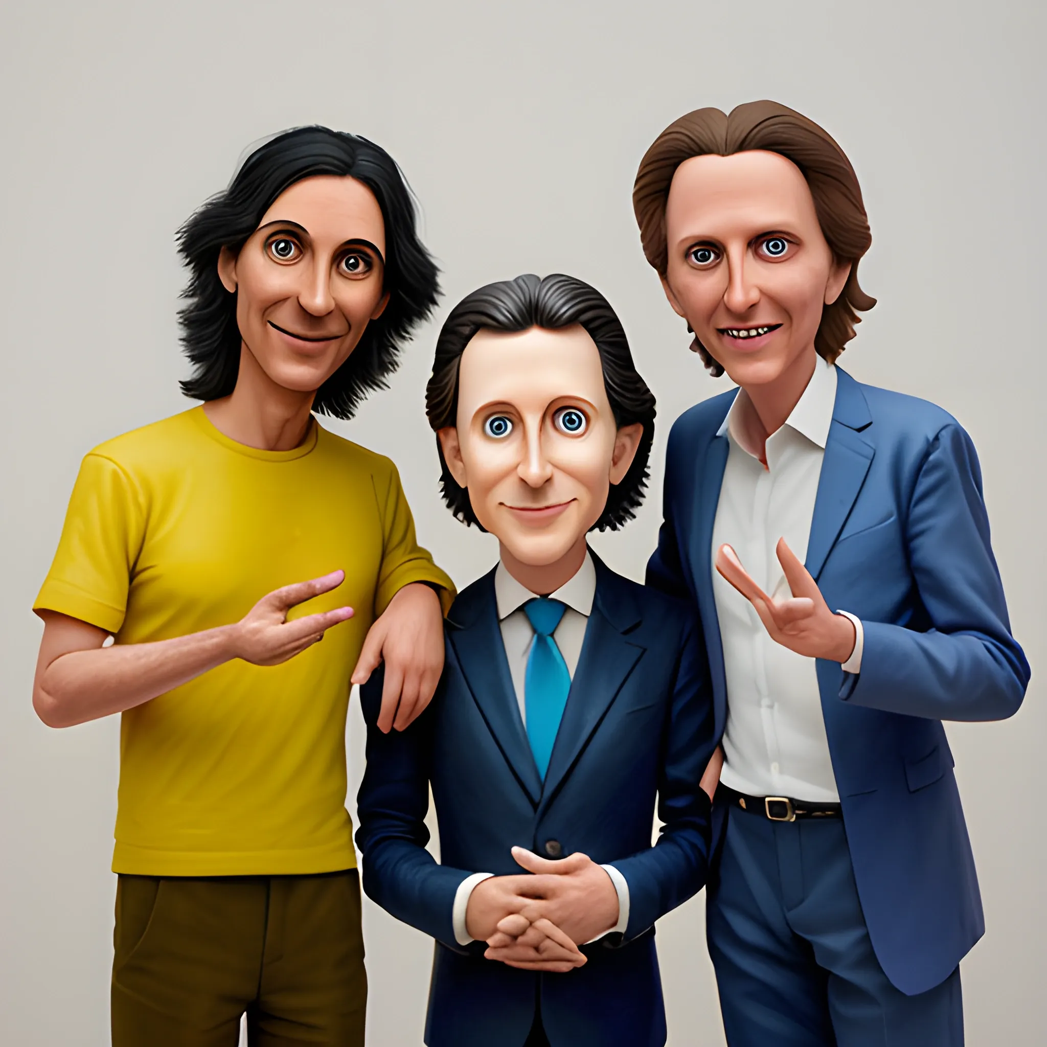 generate an image where uncle san is a puppeteer and uses javier milei and mauricio Macri as puppets, 3D, Cartoon, Oil Painting, Pencil Sketch