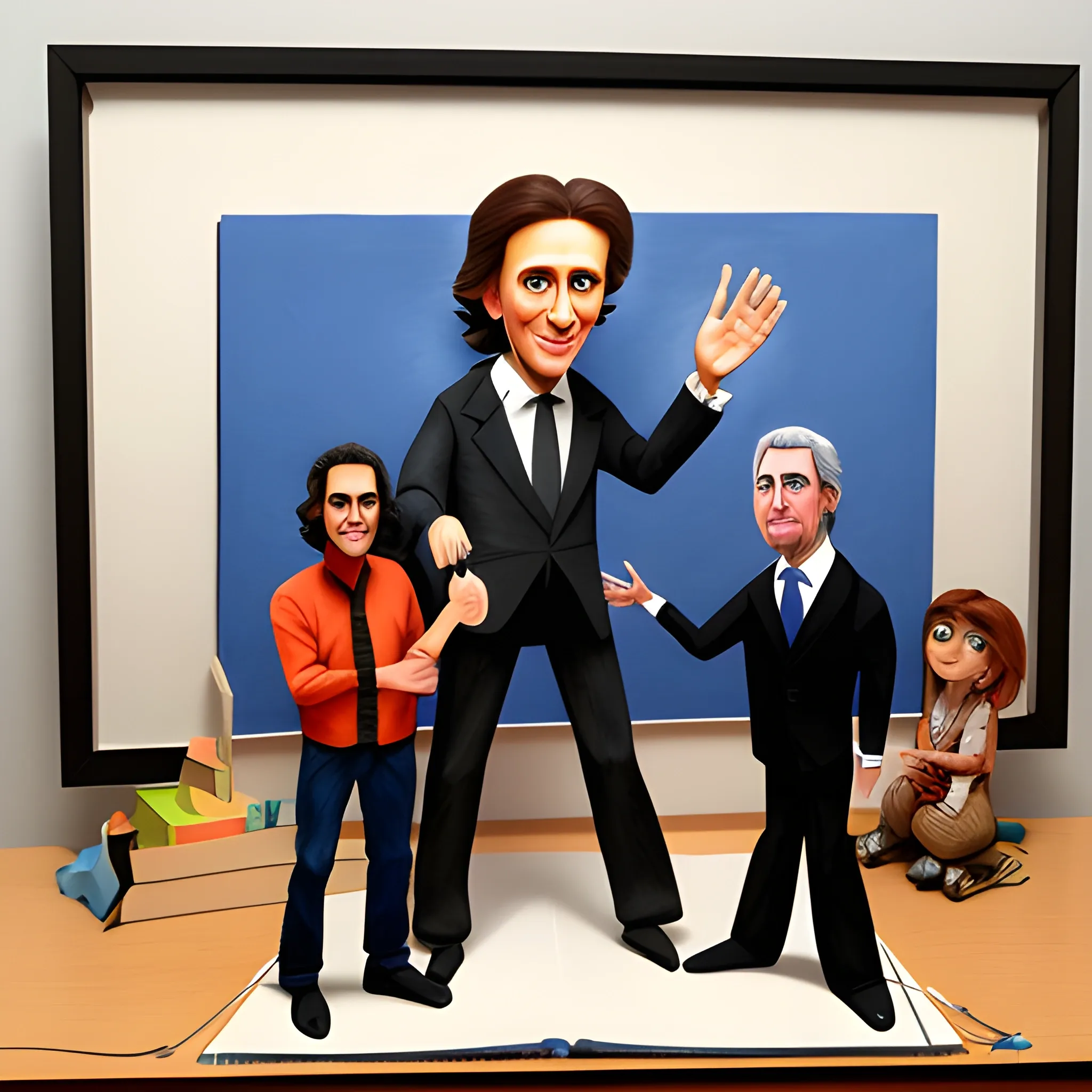 generate an image where uncle san is a puppeteer and uses javier milei and mauricio Macri as puppets, 3D, Cartoon, Oil Painting, Pencil Sketch, Oil Painting