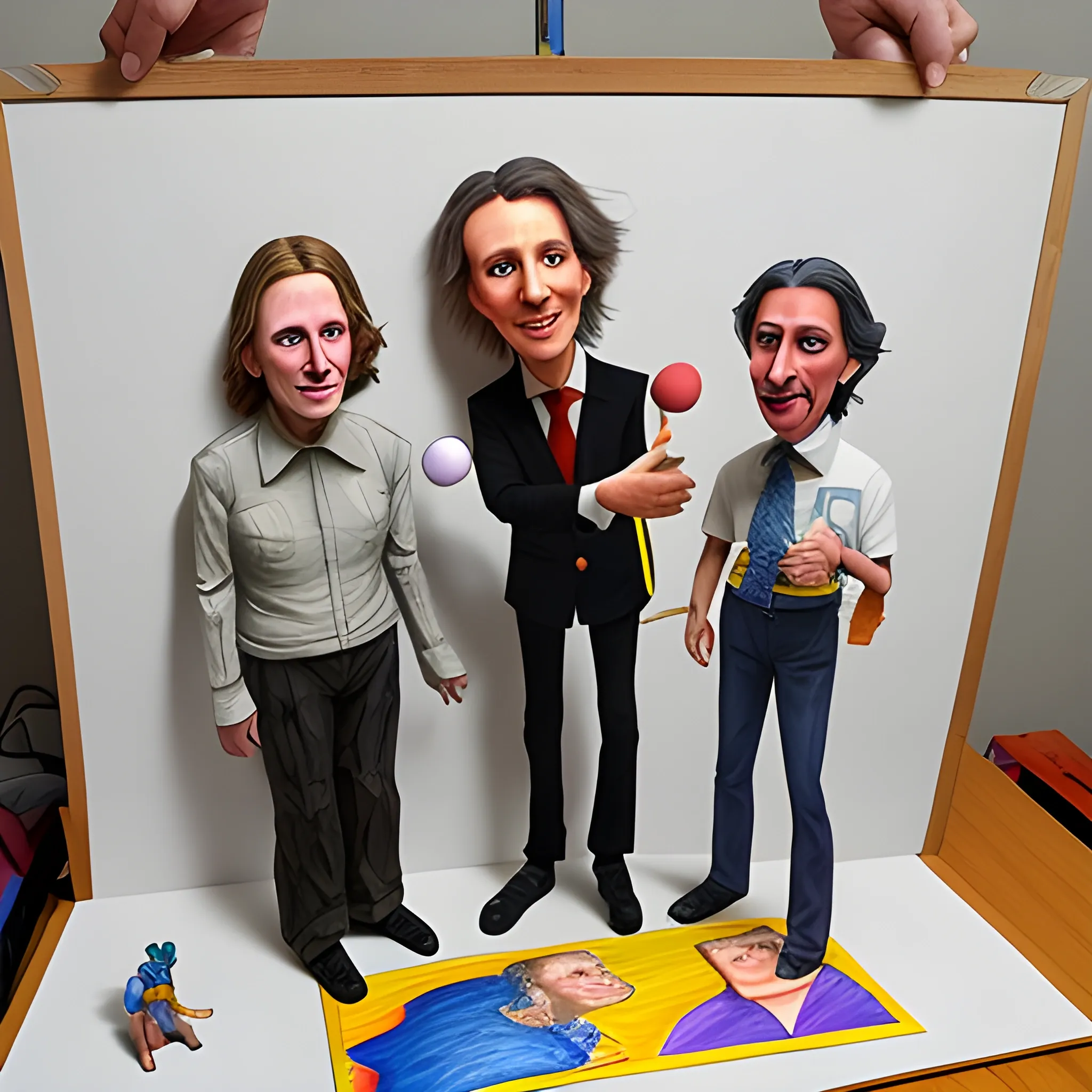 generate an image where uncle san is a puppeteer and uses javier milei and mauricio Macri as puppets, 3D, Cartoon, Oil Painting, Pencil Sketch, Oil Painting, Trippy