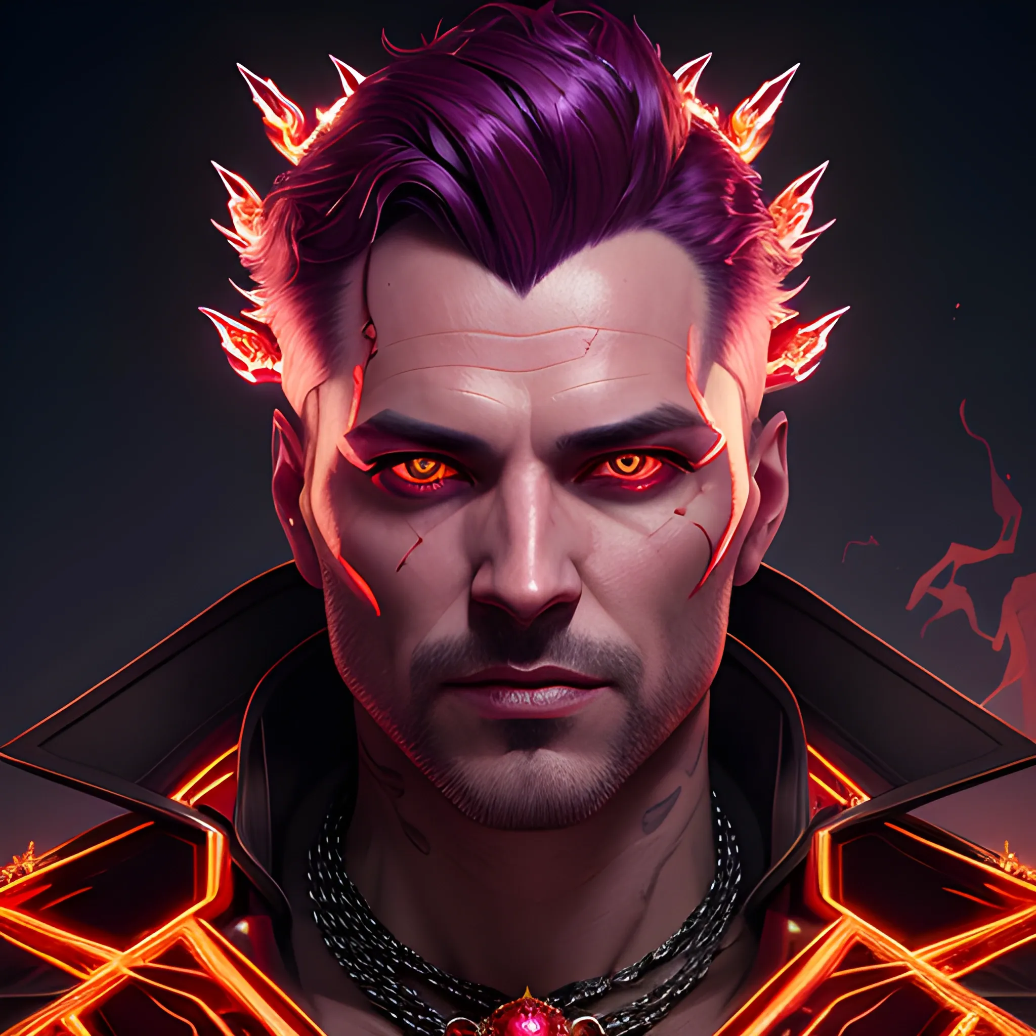 a fancy portrait of a young man with red jewels for skin covered in purple and black flames  by Greg Rutkowski, Sung Choi, Mitchell Mohrhauser, Maciej Kuciara, Johnson Ting, Maxim Verehin, Peter Konig, 8k photorealistic, cinematic lighting, HD, high details, atmospheric,