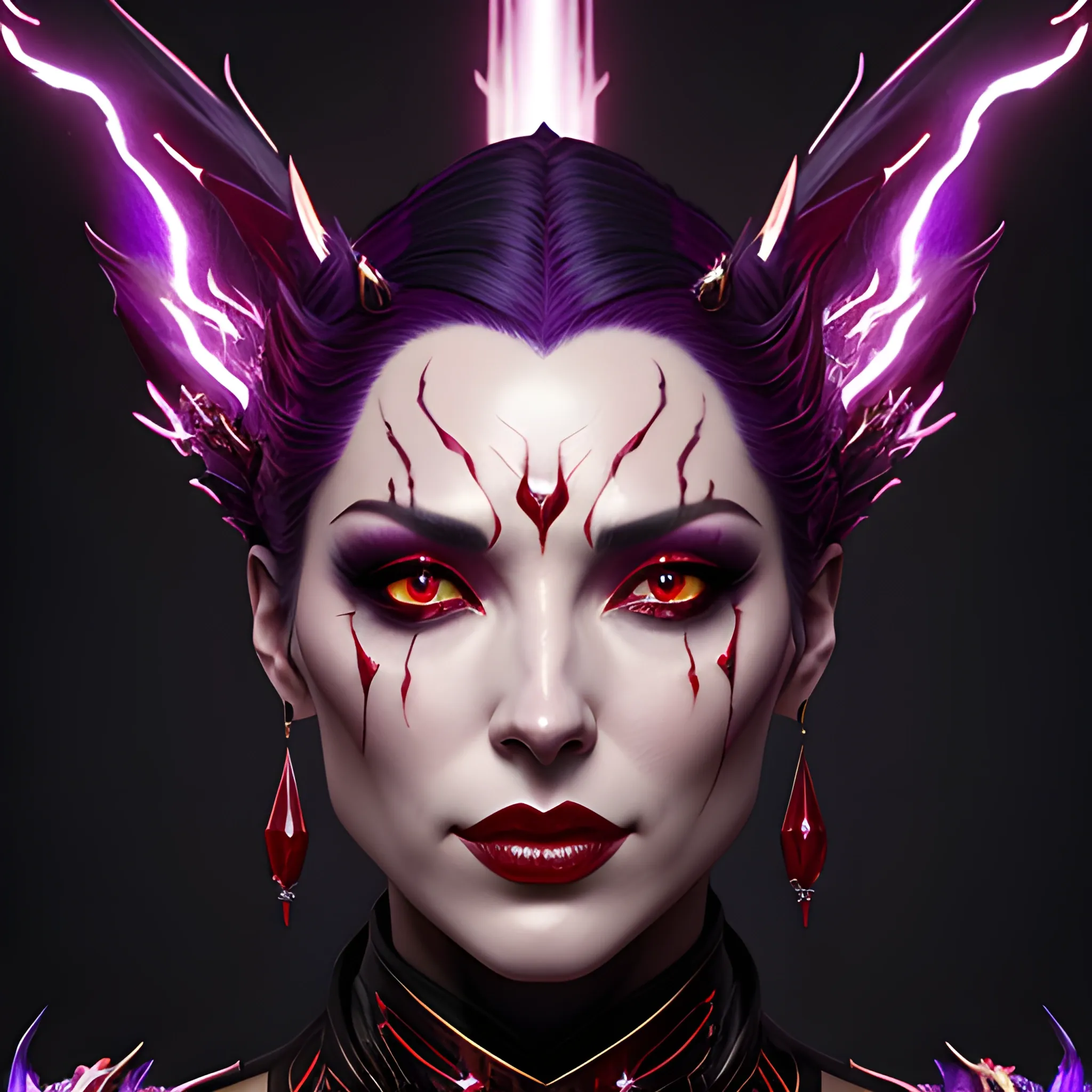 a fancy portrait of a young creature with red jewels for skin covered in purple and black flames  by Greg Rutkowski, Sung Choi, Mitchell Mohrhauser, Maciej Kuciara, Johnson Ting, Maxim Verehin, Peter Konig, 8k photorealistic, cinematic lighting, HD, high details, atmospheric,