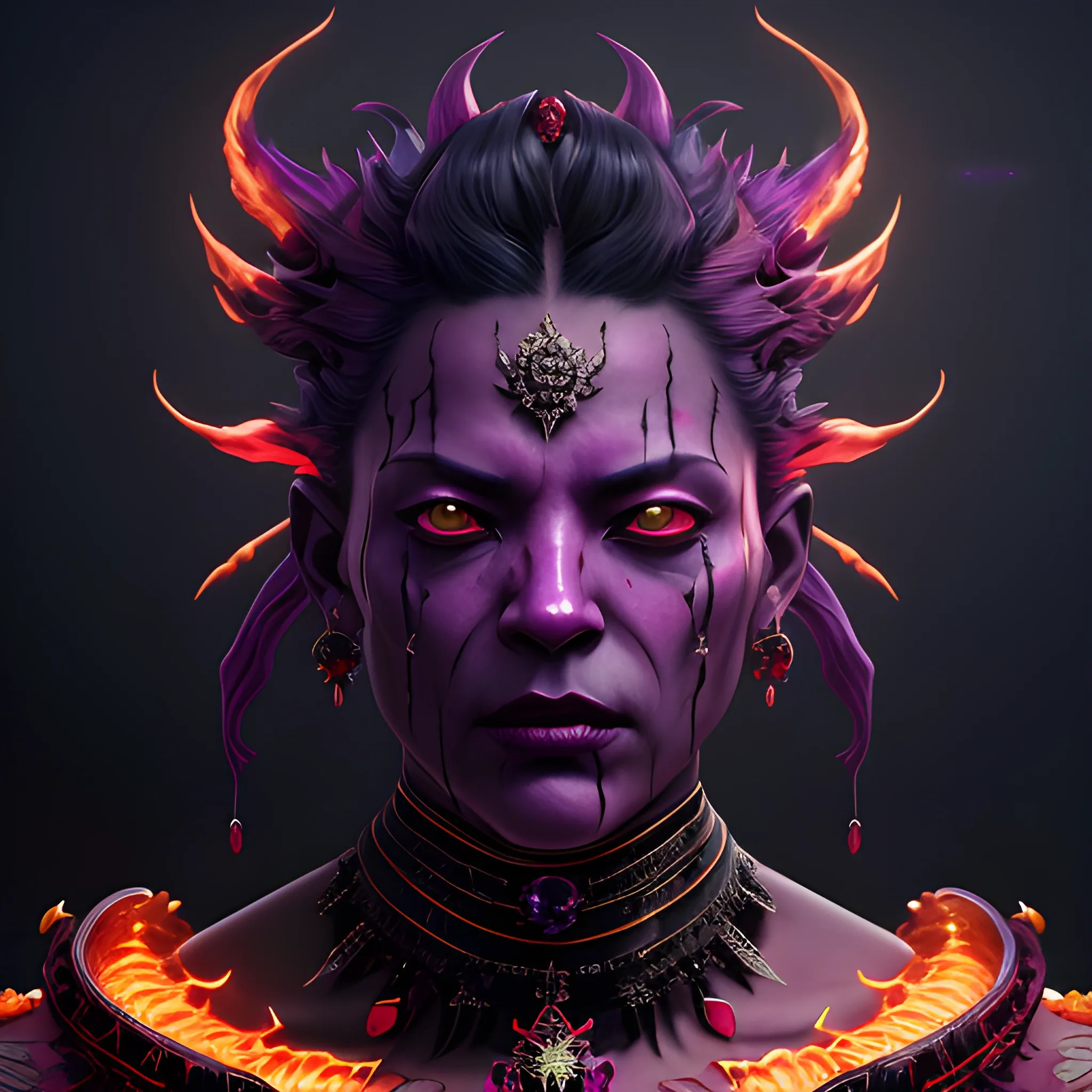 a fancy portrait of a monster with red jewels for skin covered in purple and black flames  by Greg Rutkowski, Sung Choi, Mitchell Mohrhauser, Maciej Kuciara, Johnson Ting, Maxim Verehin, Peter Konig, 8k photorealistic, cinematic lighting, HD, high details, atmospheric,