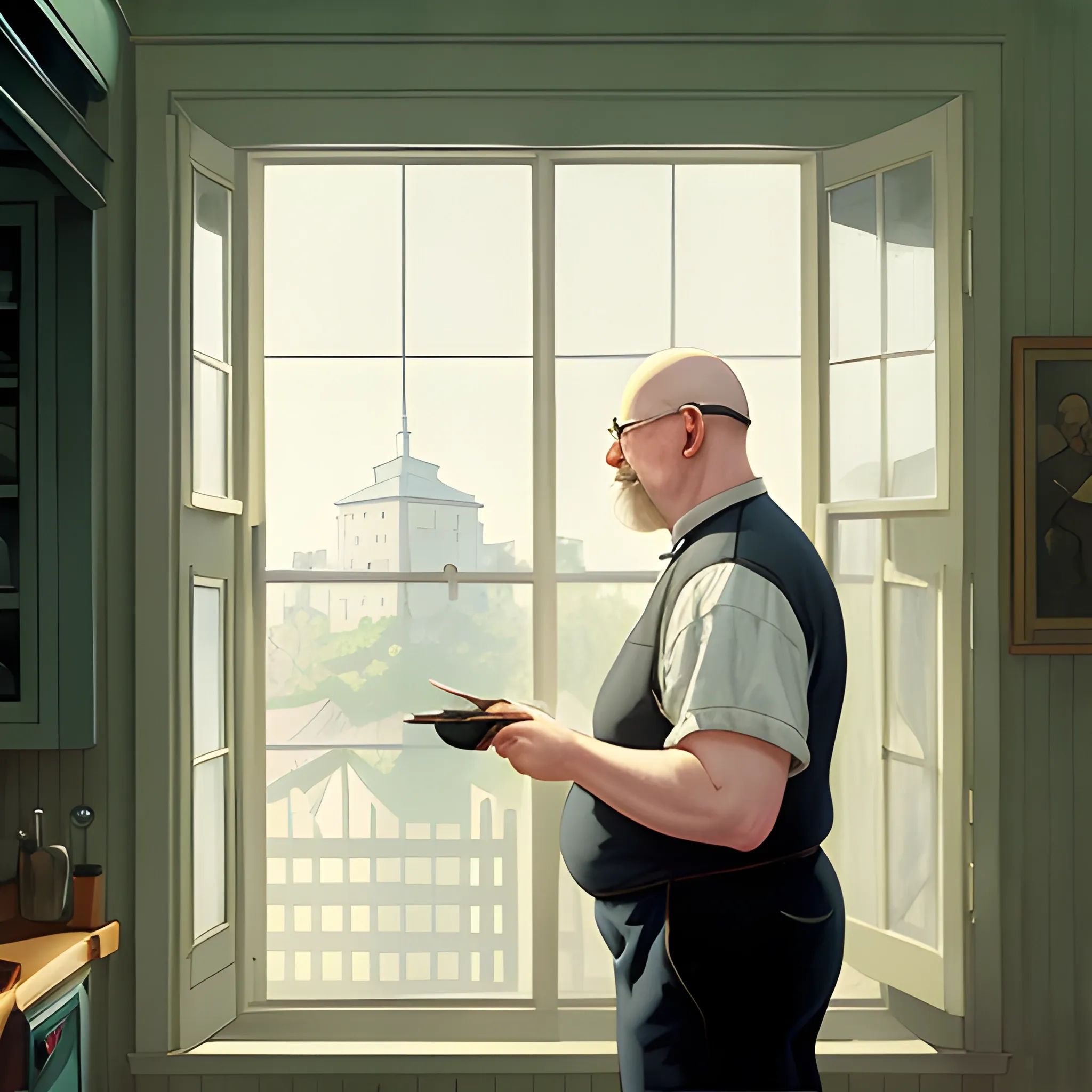 a plump bald man in a kitchen looking out a window, an ultra-fine detailed painting by echo chernik, cgsociety, americana scene painting, makoto shinkai and tom bagshaw, edward hopper and james gilleard, pascal blanche and edward hopper