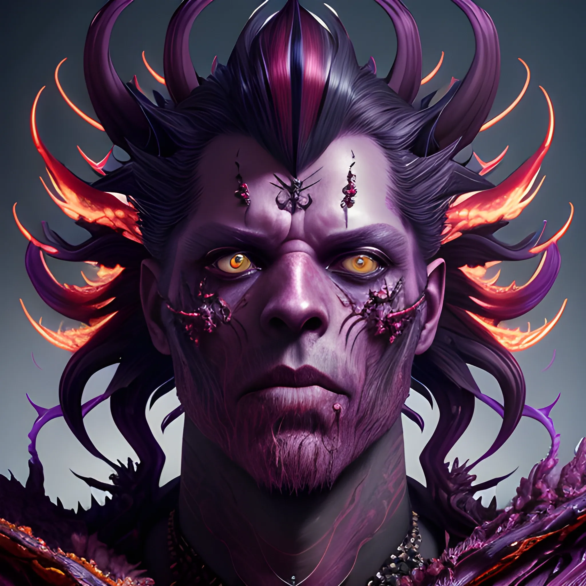 a fancy portrait of a monster with red chrystals covering its body, covered in purple and black flames  by Greg Rutkowski, Sung Choi, Mitchell Mohrhauser, Maciej Kuciara, Johnson Ting, Maxim Verehin, Peter Konig, 8k photorealistic, cinematic lighting, HD, high details, atmospheric,