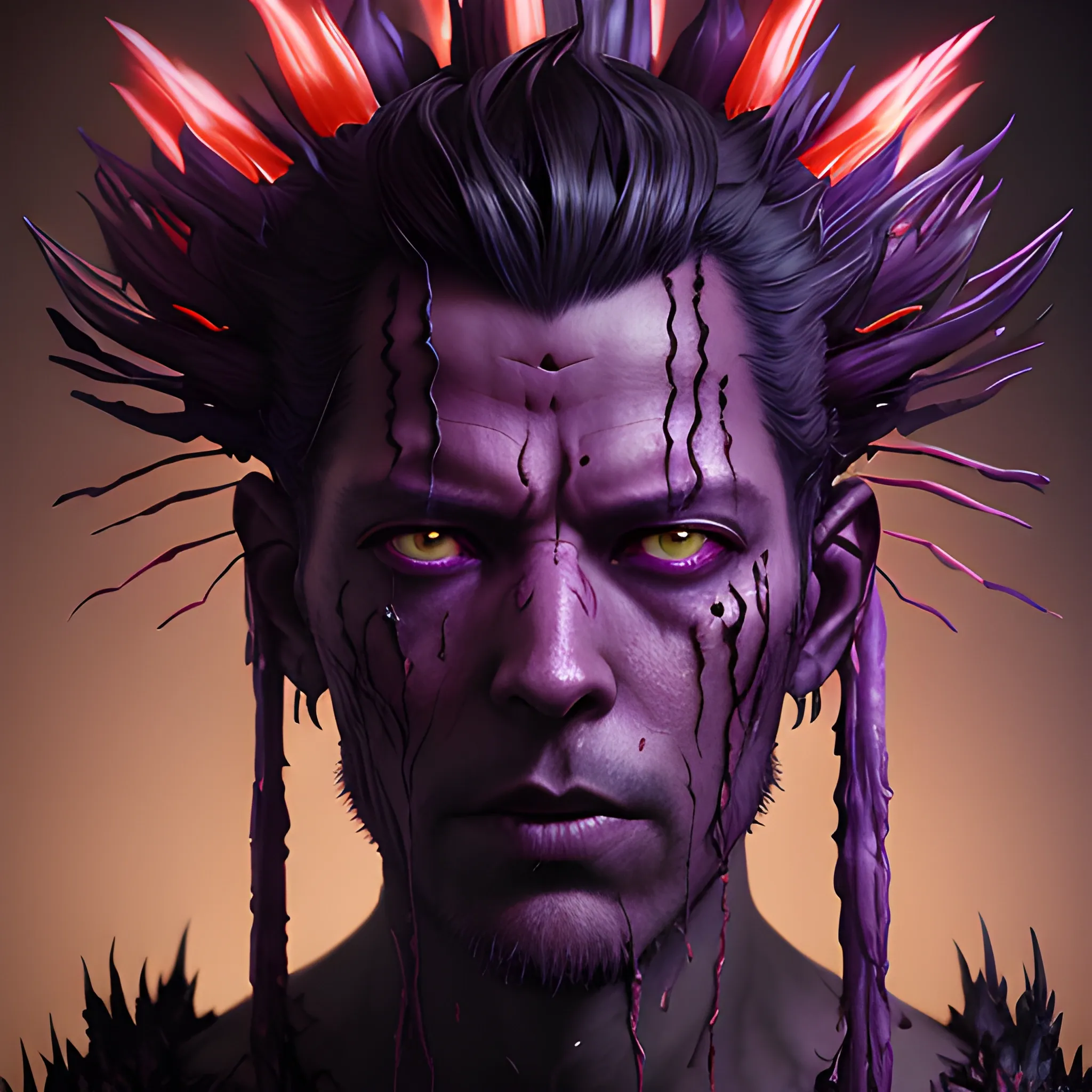 a portrait of a monster with red chrystals covering its body, covered in purple and black flames  by Greg Rutkowski, Sung Choi, Mitchell Mohrhauser, Maciej Kuciara, Johnson Ting, Maxim Verehin, Peter Konig, 8k photorealistic, cinematic lighting, HD, high details, atmospheric,