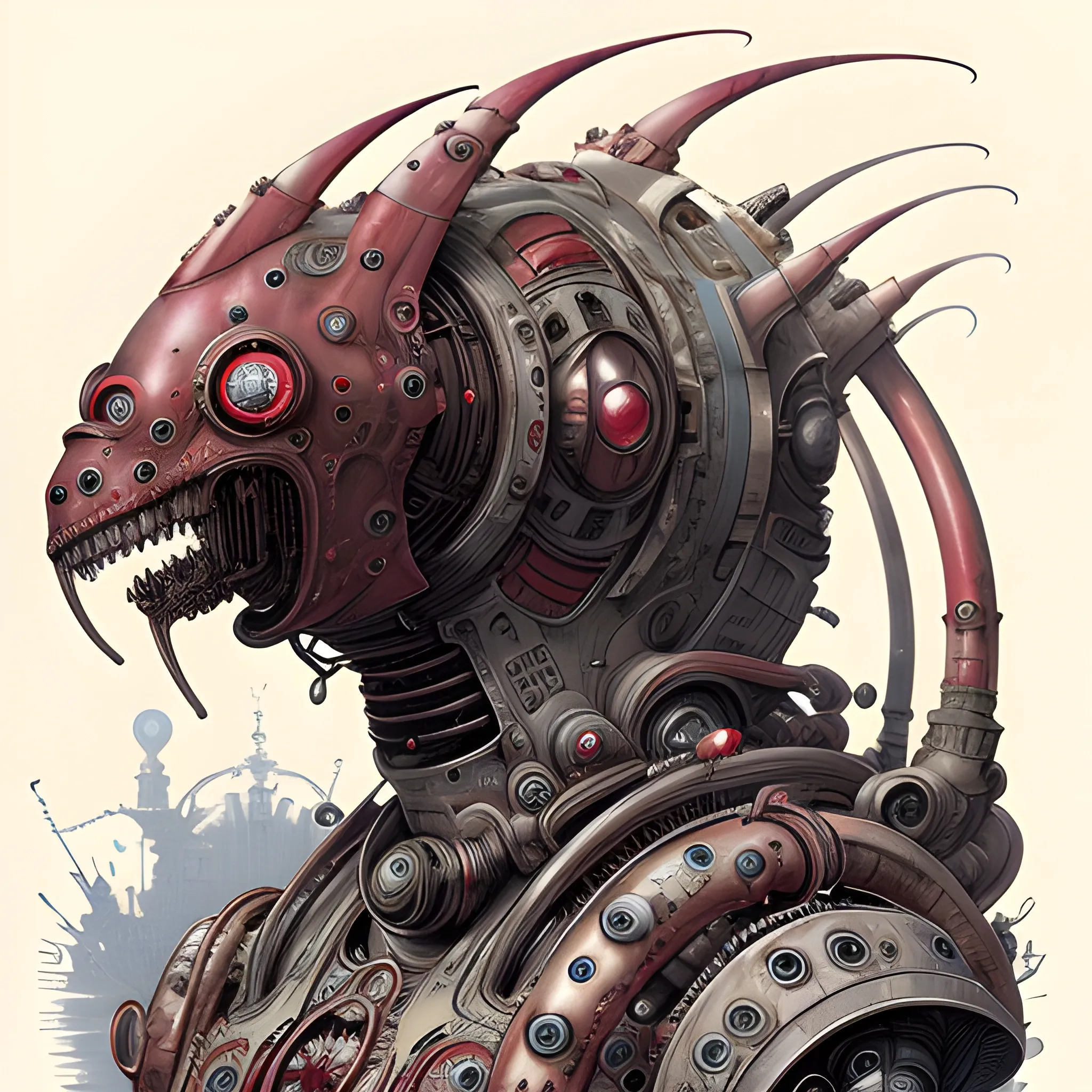 a monster with red chrystals for skin, design only 2 0 5 0 s retro future art gothic designs borders lines decorations space machine. muted colors. by jean - baptiste monge! 