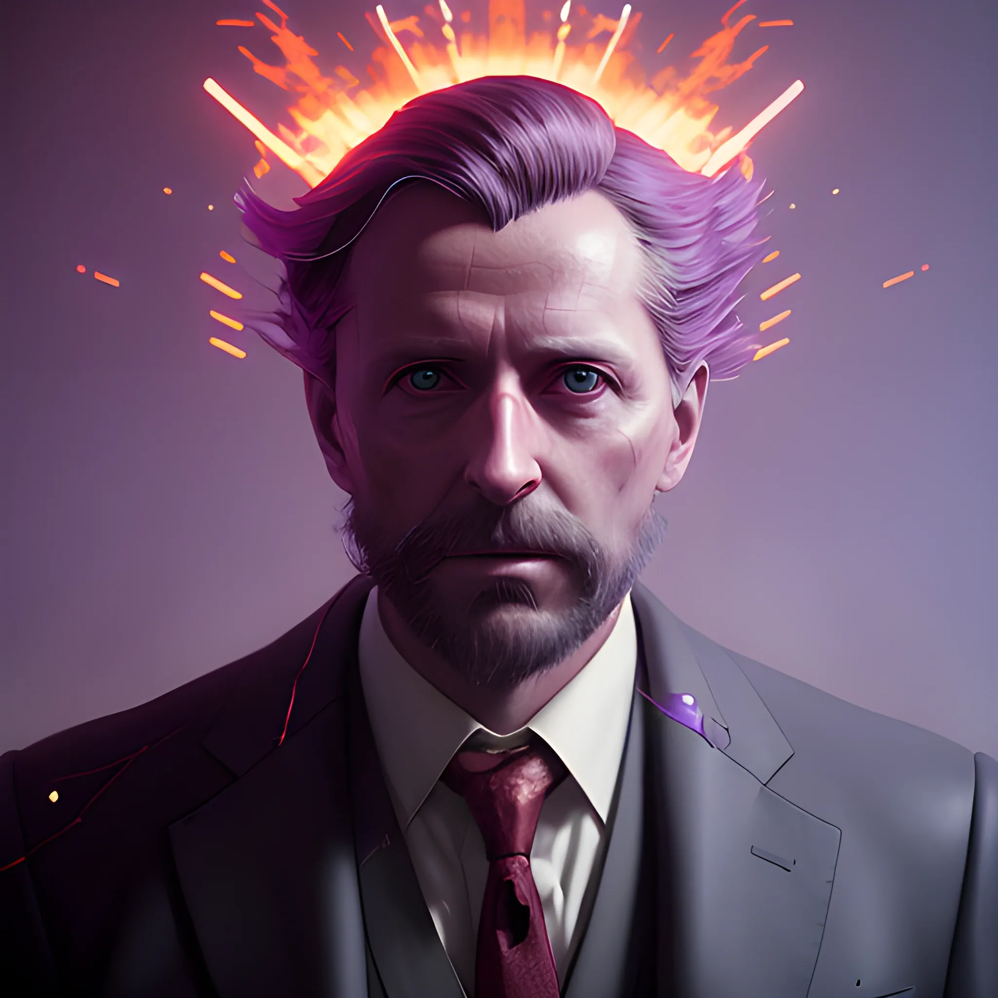 a fancy portrait of G.W.Macleod in modern clothing covered in purple and red flames by Greg Rutkowski, Sung Choi, Mitchell Mohrhauser, Maciej Kuciara, Johnson Ting, Maxim Verehin, Peter Konig, final fantasy , mythical, 8k photorealistic, cinematic lighting, HD, high details, atmospheric,