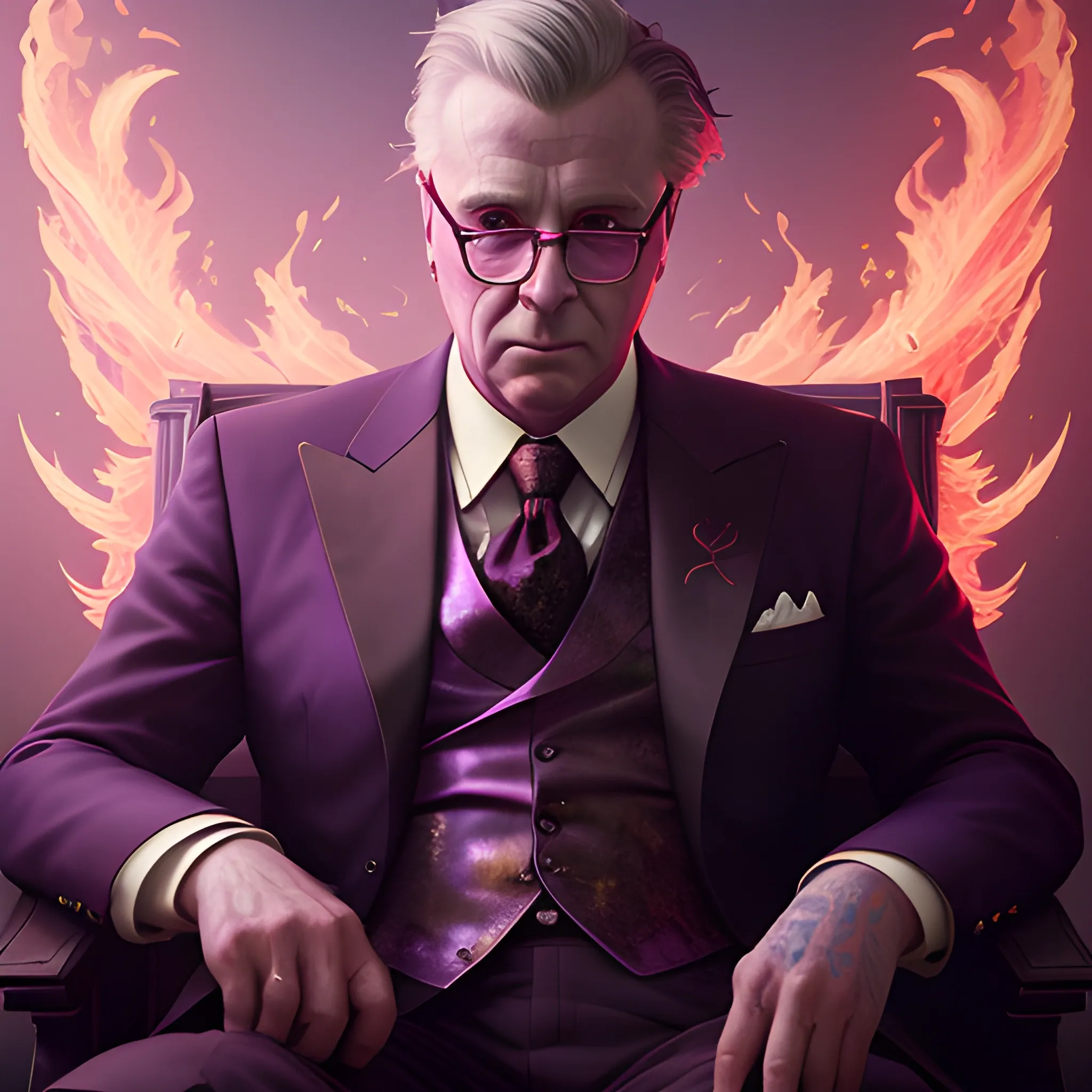 a fancy portrait of G.W.Macleod in modern clothing covered in purple and red flames by Greg Rutkowski, Sung Choi, Mitchell Mohrhauser, Maciej Kuciara, Johnson Ting, Maxim Verehin, Peter Konig, final fantasy , mythical, 8k photorealistic, cinematic lighting, HD, high details, atmospheric,