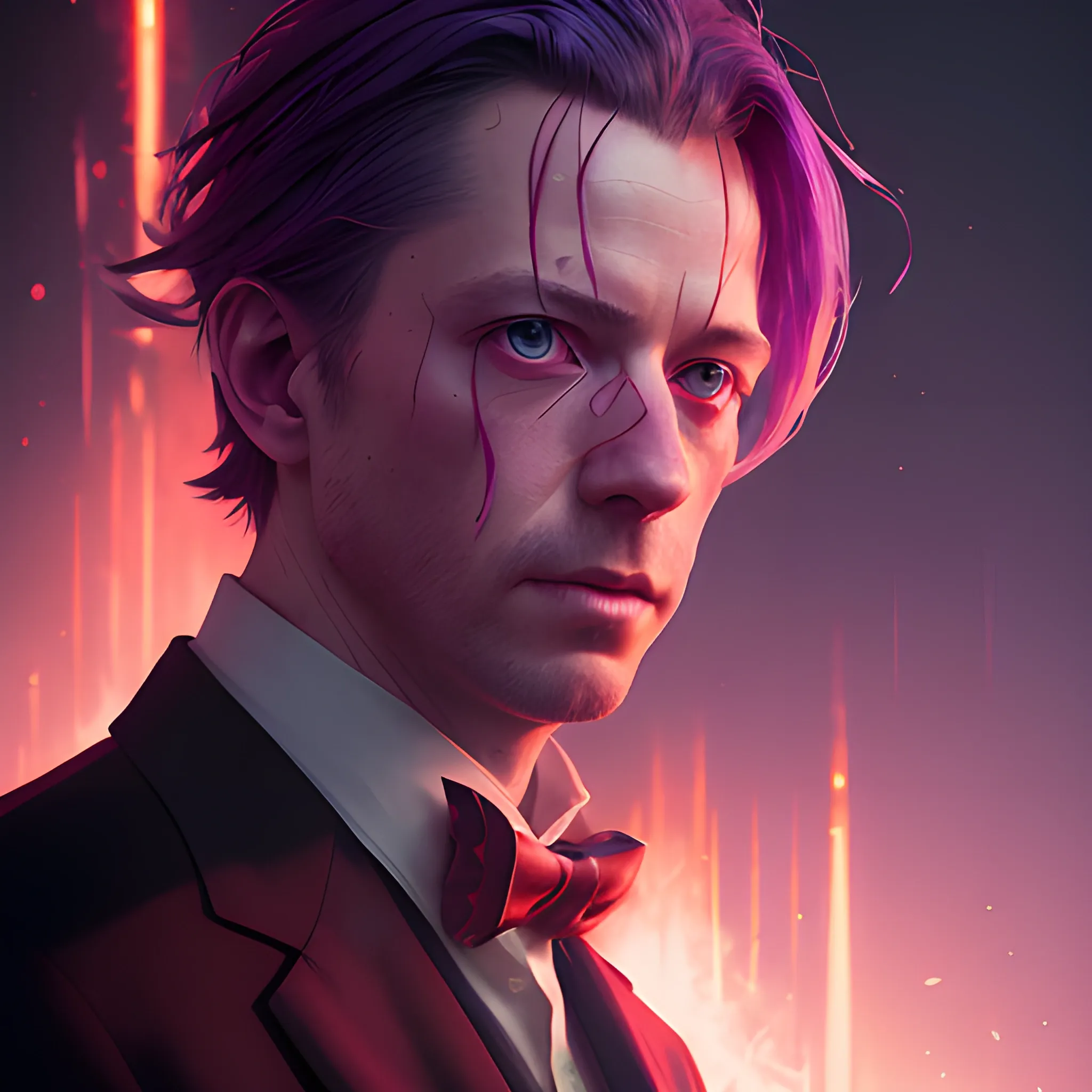 a fancy portrait of Graeme MacLeod in modern clothing covered in purple and red flames by Greg Rutkowski, Sung Choi, Mitchell Mohrhauser, Maciej Kuciara, Johnson Ting, Maxim Verehin, Peter Konig, final fantasy, mythical, 8k photorealistic, cinematic lighting, HD, high details, atmospheric,