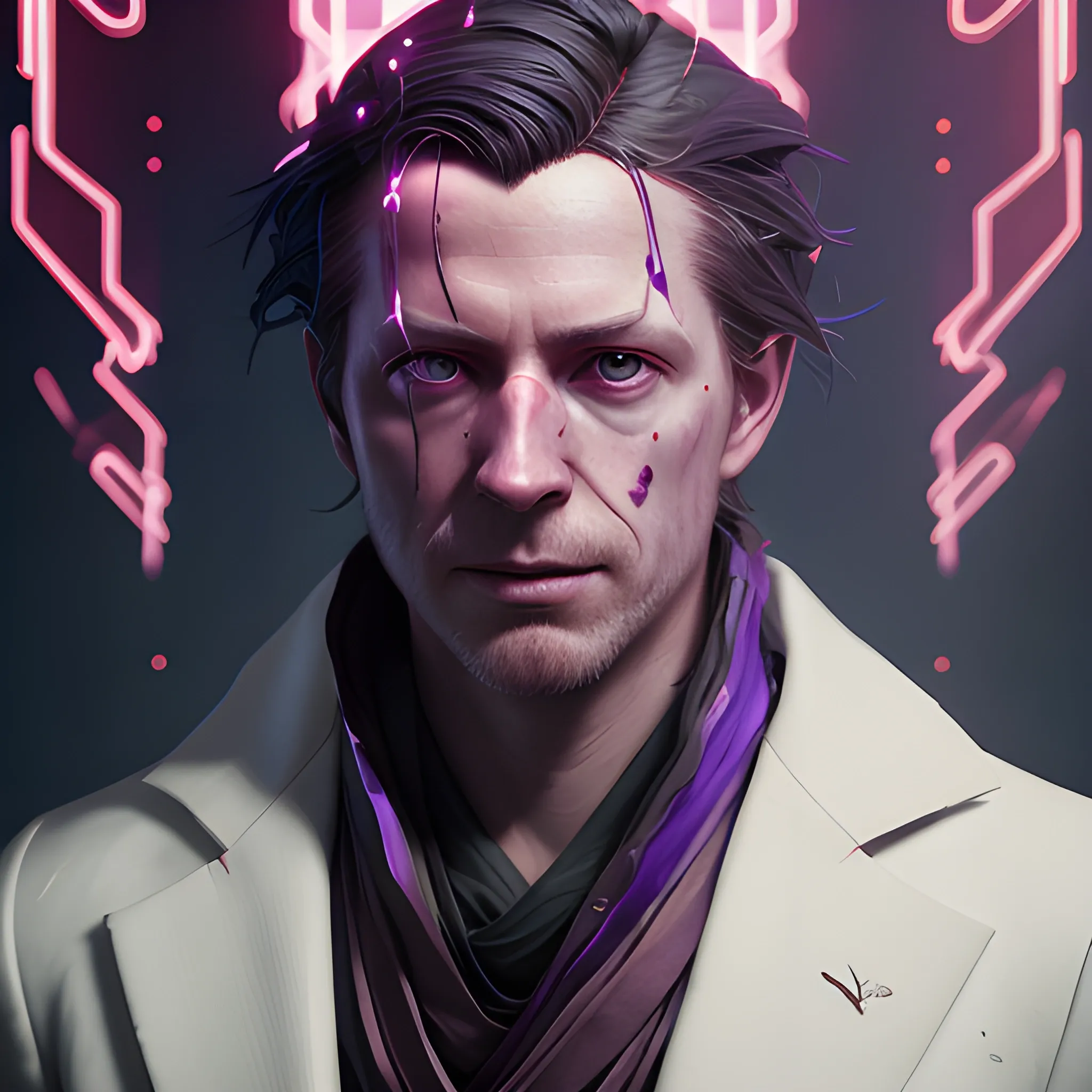 a fancy portrait of Graeme MacLeod in modern clothing covered in purple and red flames by Greg Rutkowski, Sung Choi, Mitchell Mohrhauser, Maciej Kuciara, Johnson Ting, Maxim Verehin, Peter Konig, final fantasy, mythical, 8k photorealistic, cinematic lighting, HD, high details, atmospheric,