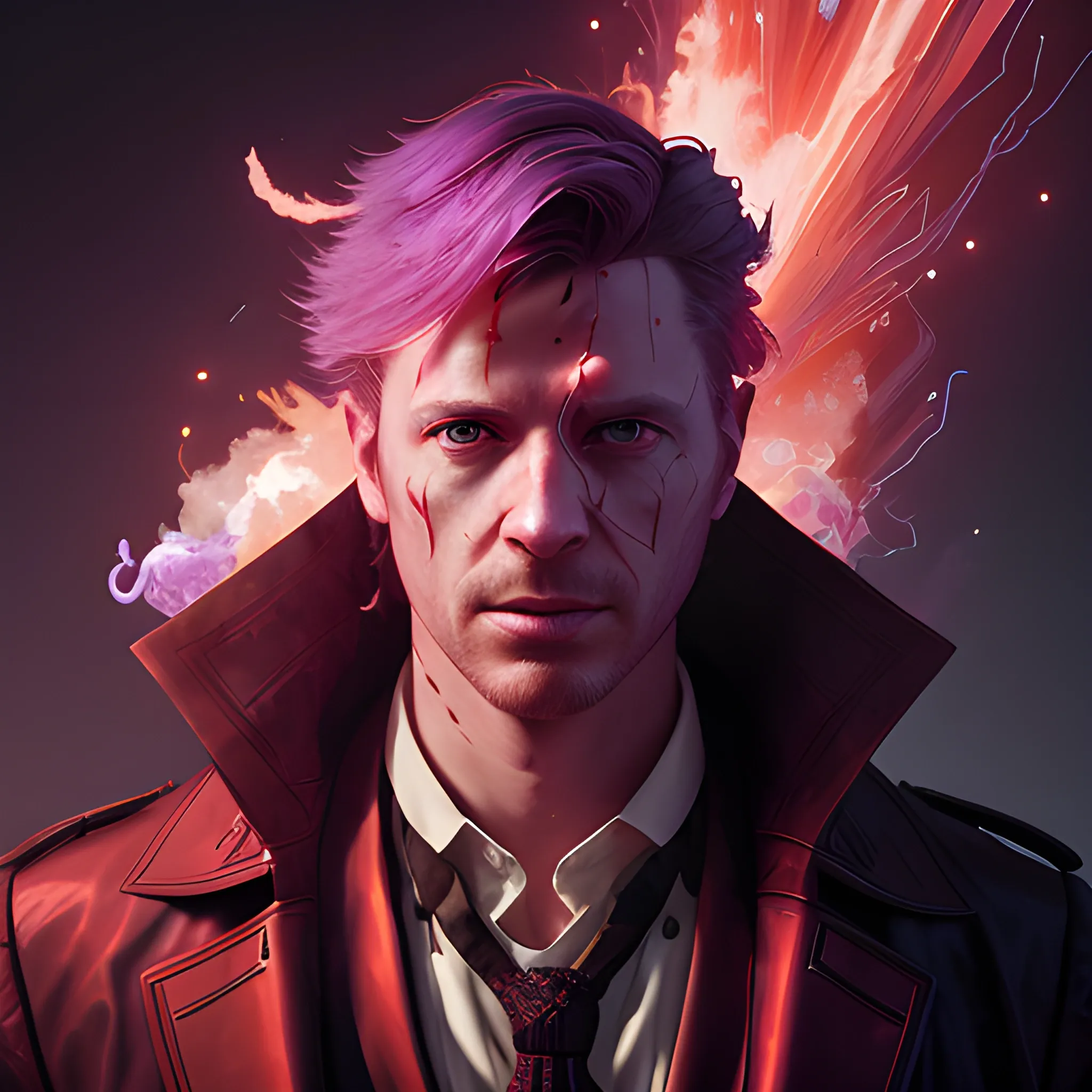 a fancy portrait of Graeme MacLeod in modern clothing covered in purple and red flames by Greg Rutkowski, Sung Choi, Mitchell Mohrhauser, Maciej Kuciara, Johnson Ting, Maxim Verehin, Peter Konig, final fantasy, mythical, 8k photorealistic, cinematic lighting, HD, high details, atmospheric,