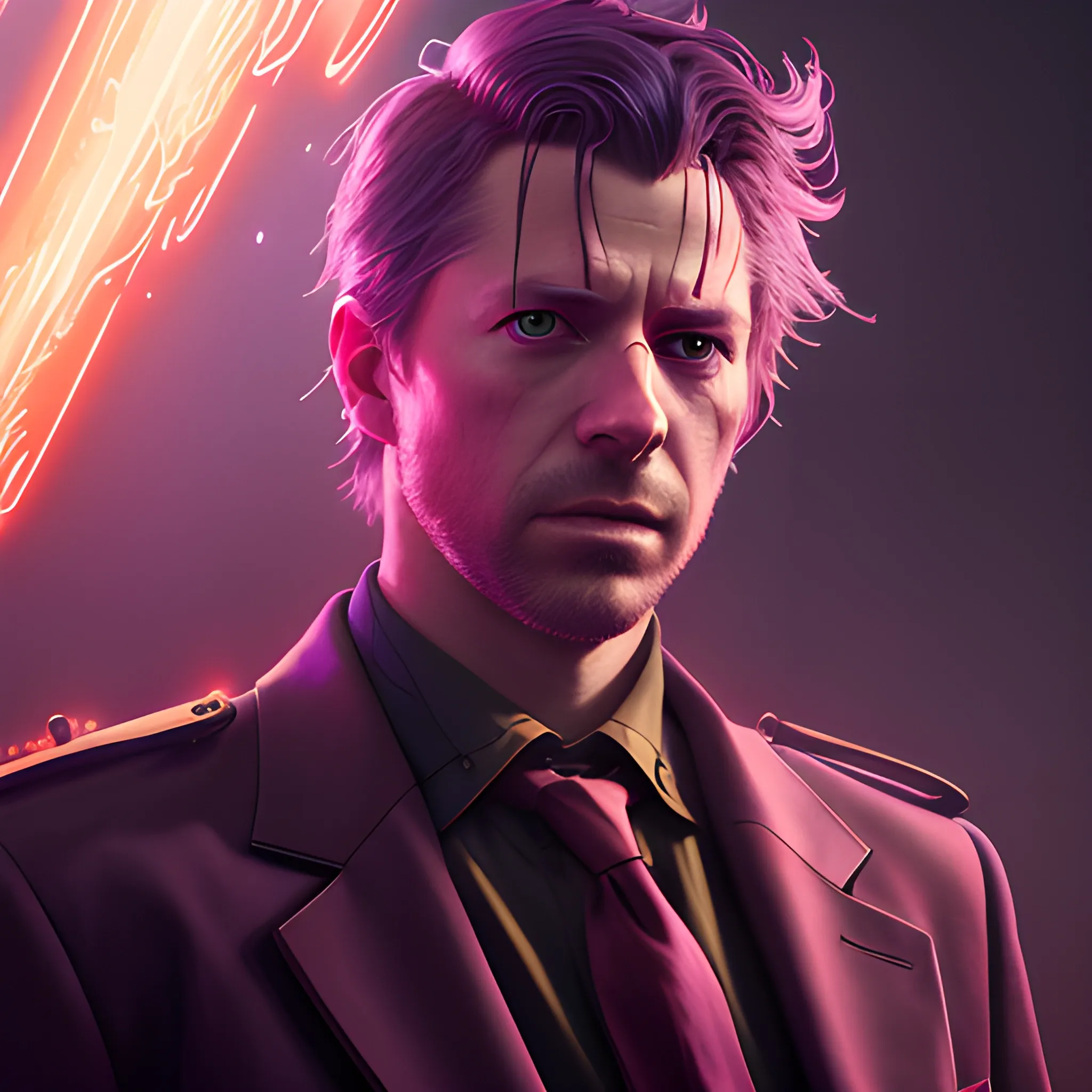 a fancy portrait of Graeme MacLeod in modern clothing covered in purple and red flames by Greg Rutkowski, Sung Choi, Mitchell Mohrhauser, Maciej Kuciara, Johnson Ting, Maxim Verehin, Peter Konig, final fantasy, mythical, 8k photorealistic, cinematic lighting, HD, high details, atmospheric,