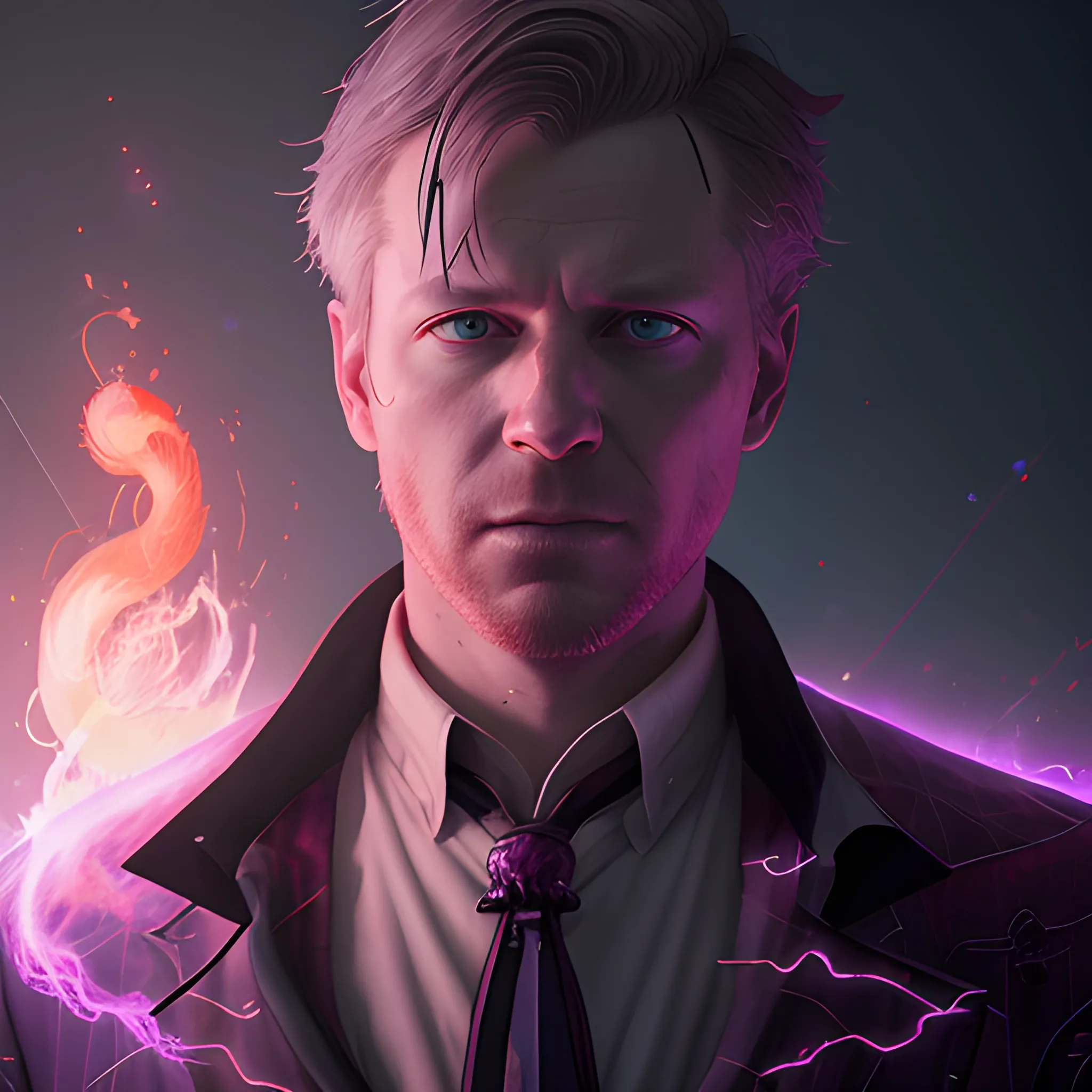 a fancy portrait of Graeme MacLeod in modern clothing covered in purple and red flames by Greg Rutkowski, Sung Choi, Mitchell Mohrhauser, Maciej Kuciara, Johnson Ting, Maxim Verehin, Peter Konig, final fantasy, mythical, 8k photorealistic, cinematic lighting, HD, high details, atmospheric,