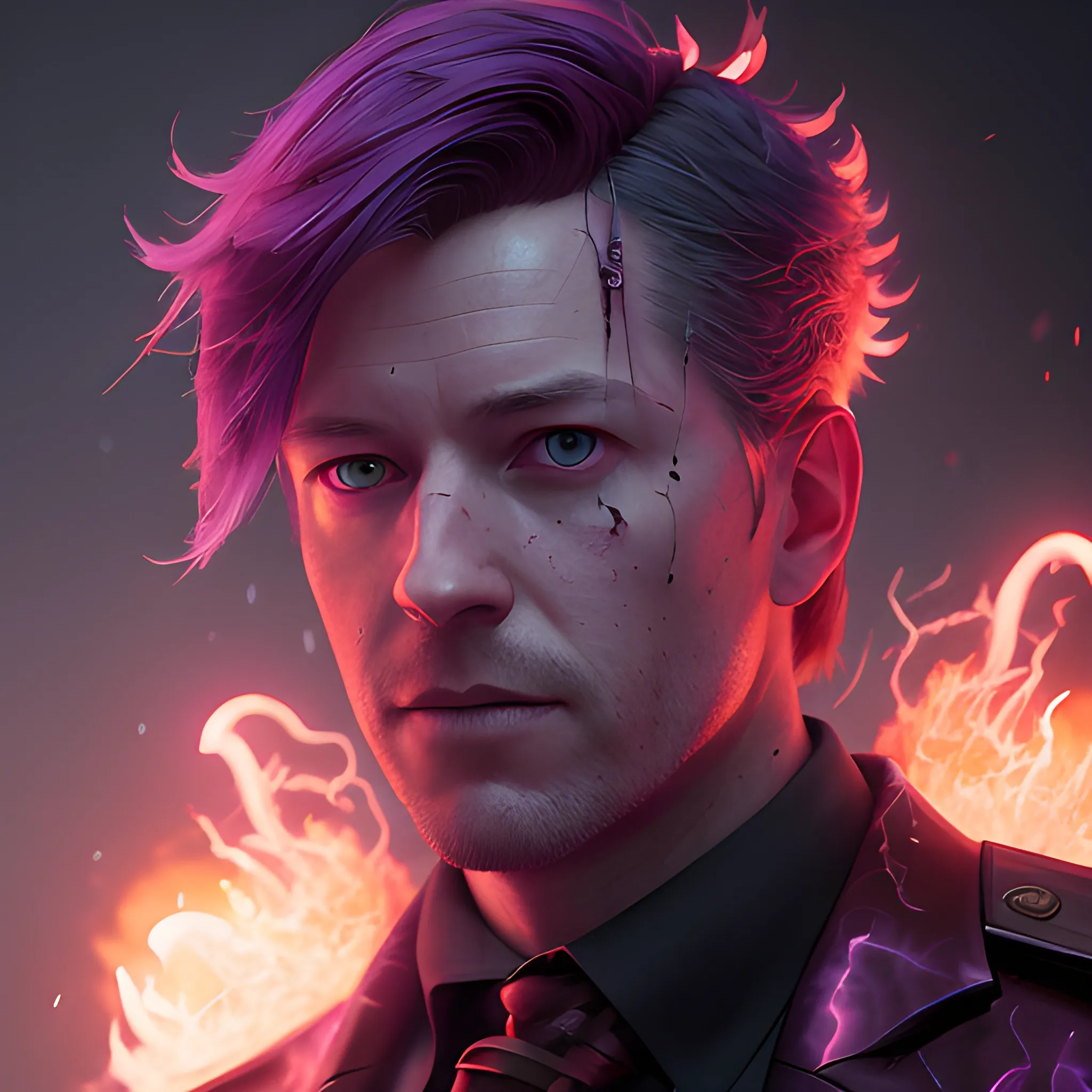 a fancy portrait of Graeme MacLeod in modern clothing covered in purple and red flames by Greg Rutkowski, Sung Choi, Mitchell Mohrhauser, Maciej Kuciara, Johnson Ting, Maxim Verehin, Peter Konig, final fantasy, mythical, 8k photorealistic, cinematic lighting, HD, high details, atmospheric,