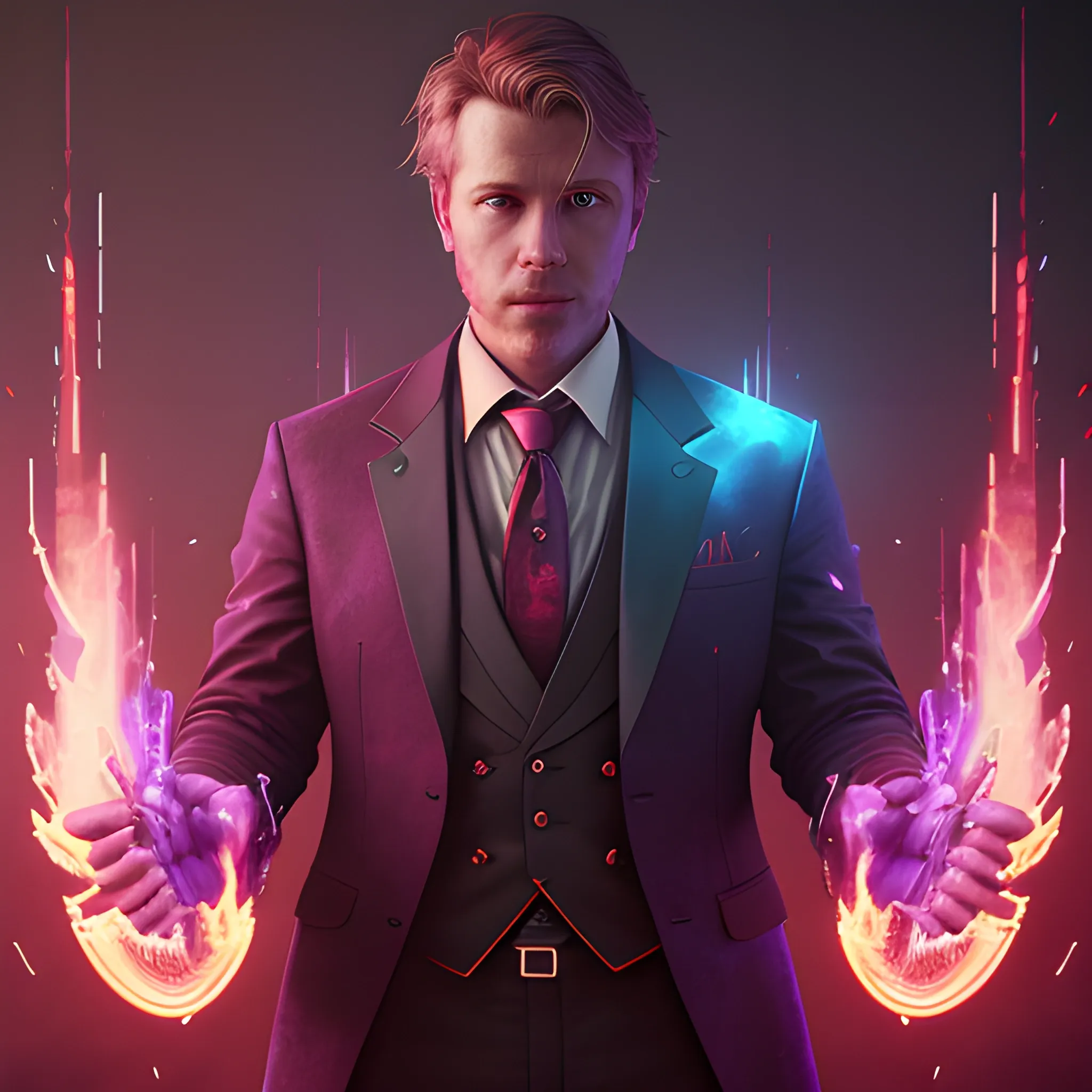 a fancy portrait of Graeme MacLeod in modern clothing covered in purple and red flames by Greg Rutkowski, Sung Choi, Mitchell Mohrhauser, Maciej Kuciara, Johnson Ting, Maxim Verehin, Peter Konig, final fantasy, mythical, 8k photorealistic, cinematic lighting, HD, high details, atmospheric,