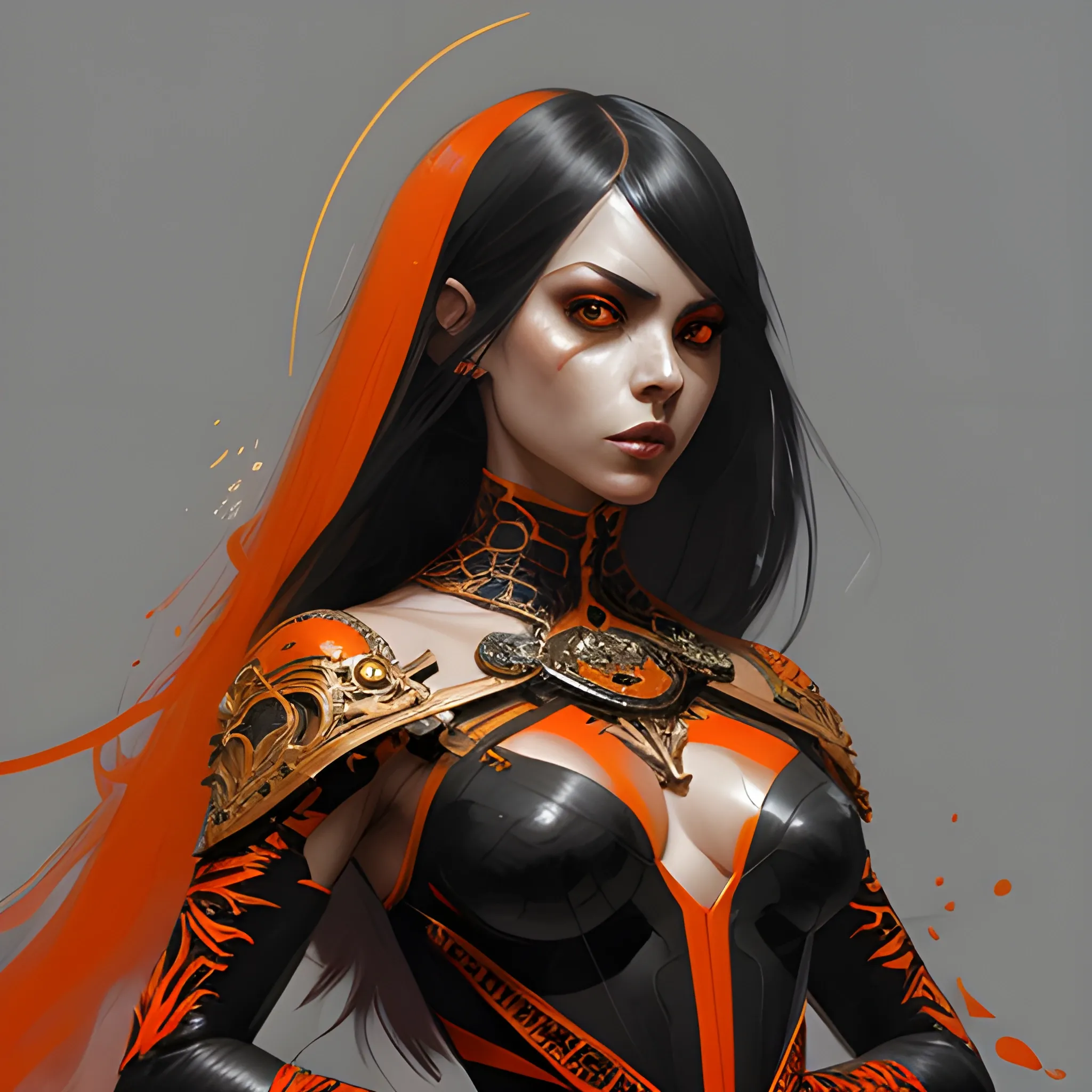 portrait of Dani Louise Bugeja Latin inspired fashion. Black and Orange palette. By Ruan Jia and Artgerm and Range Murata and WLOP and CLAMP. Key Art. Fantasy Illustration. award winning, Artstation, intricate details, realistic, Hyperdetailed, 8k resolution.