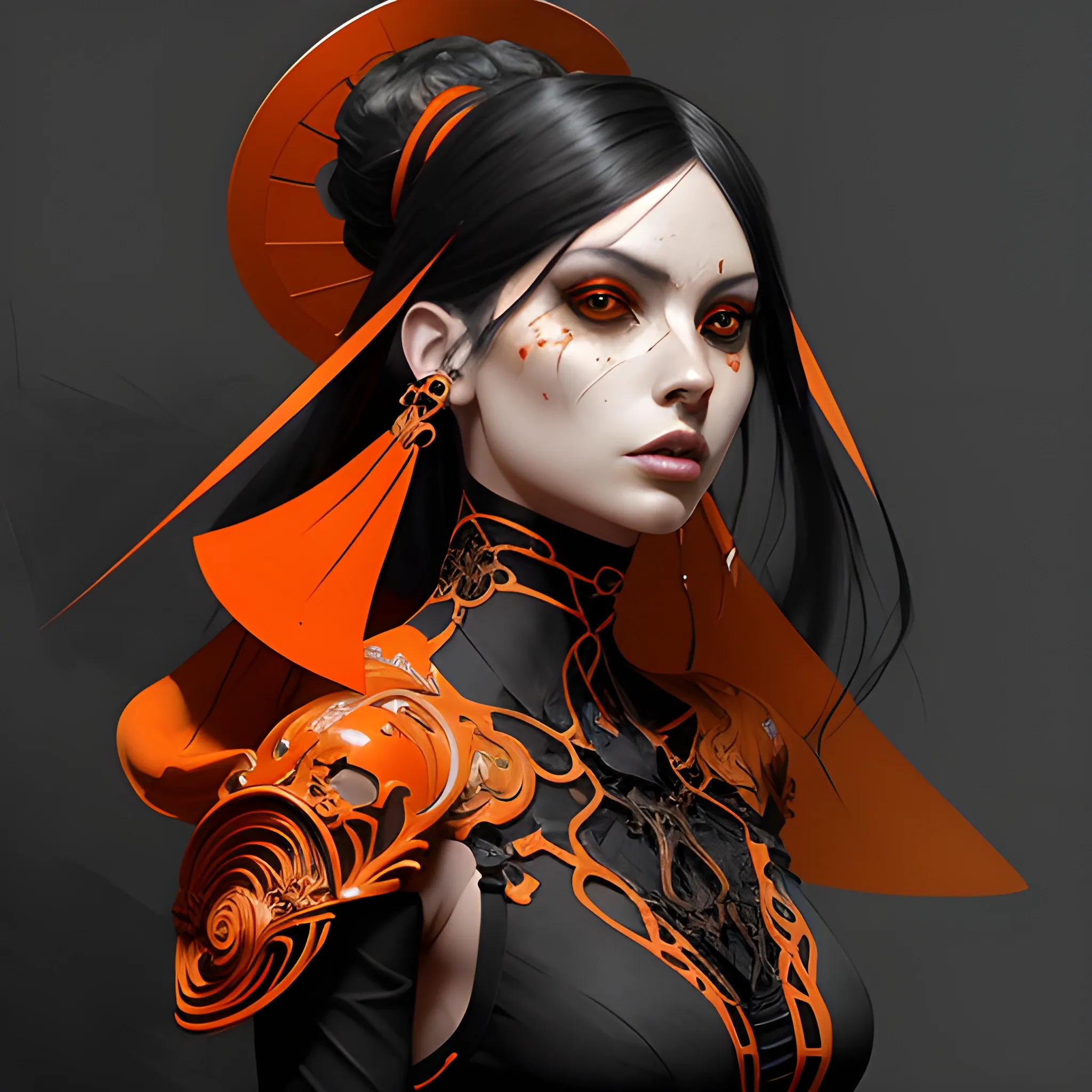 portrait of Dani Louise Bugeja Latin inspired fashion. Black and Orange palette. By Ruan Jia and Artgerm and Range Murata and WLOP and CLAMP. Key Art. Fantasy Illustration. award winning, Artstation, intricate details, realistic, Hyperdetailed, 8k resolution.