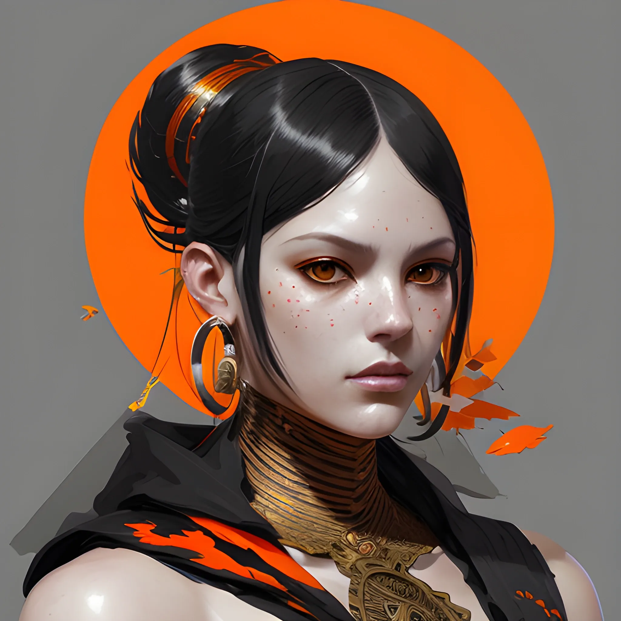 portrait of Jordan Gaarn Donaldson, Latin inspired fashion. Black and Orange palette. By Ruan Jia and Artgerm and Range Murata and WLOP and CLAMP. Key Art. Fantasy Illustration. award winning, Artstation, intricate details, realistic, Hyperdetailed, 8k resolution.