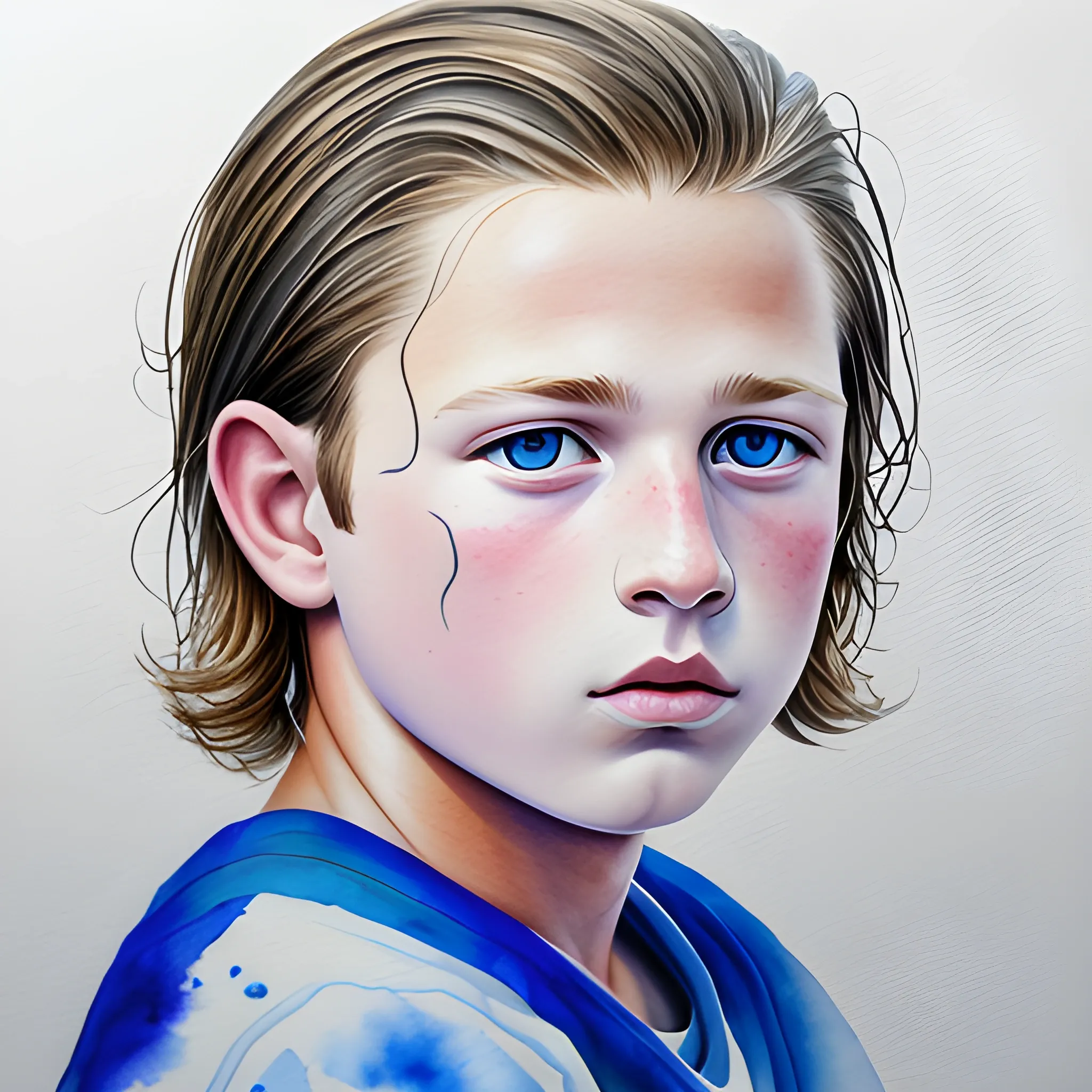 Jordan Gaarn Donaldson, blue and white, portrait, hyper-realistic watercolor painting, high-definition