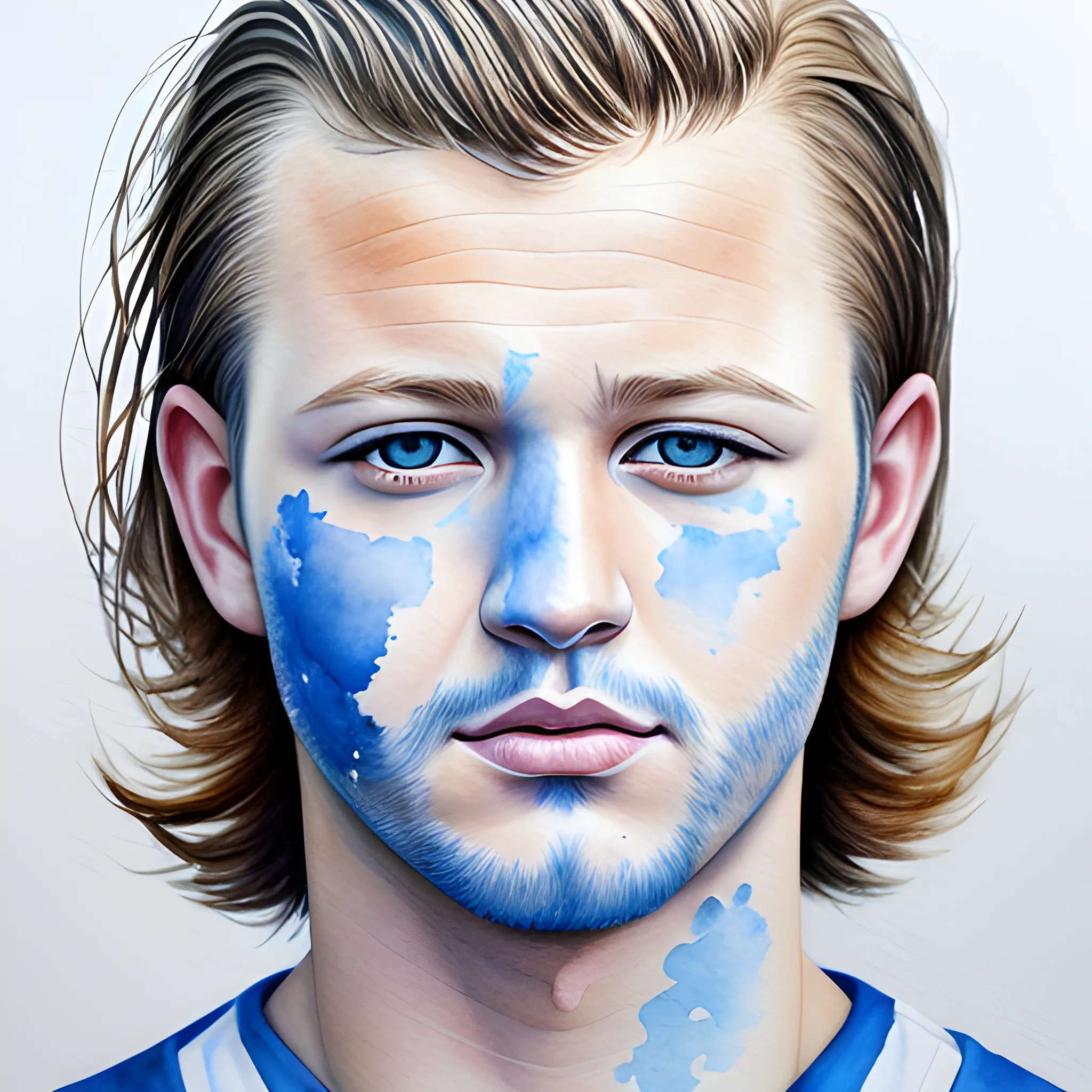 Jordan Gaarn Donaldson, blue and white, portrait, hyper-realistic watercolor painting, high-definition