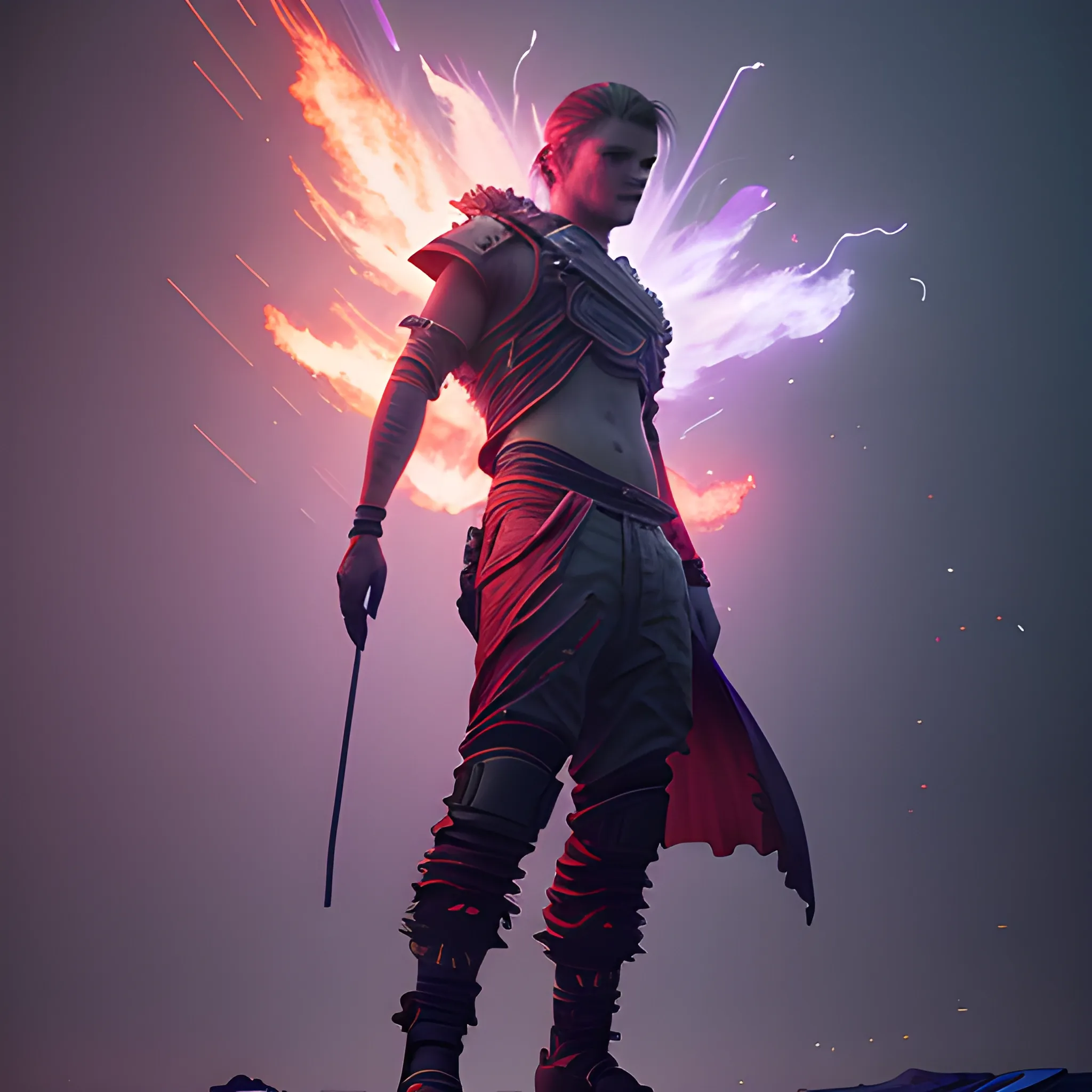 Jordan Gaarn Donaldson in modern clothing covered in purple and red flames by Greg Rutkowski, Sung Choi, Mitchell Mohrhauser, Maciej Kuciara, Johnson Ting, Maxim Verehin, Peter Konig, final fantasy, mythical, 8k photorealistic, cinematic lighting, HD, high details, atmospheric,