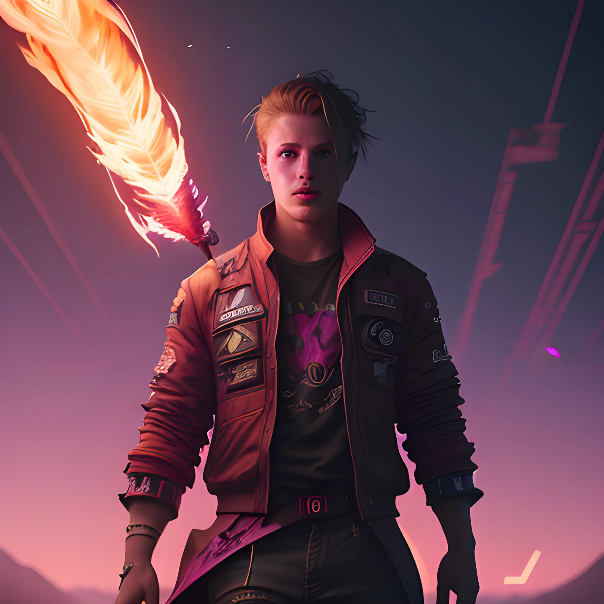 Jordan Gaarn Donaldson in modern clothing covered in purple and red flames by Greg Rutkowski, Sung Choi, Mitchell Mohrhauser, Maciej Kuciara, Johnson Ting, Maxim Verehin, Peter Konig, final fantasy, mythical, 8k photorealistic, cinematic lighting, HD, high details, atmospheric,