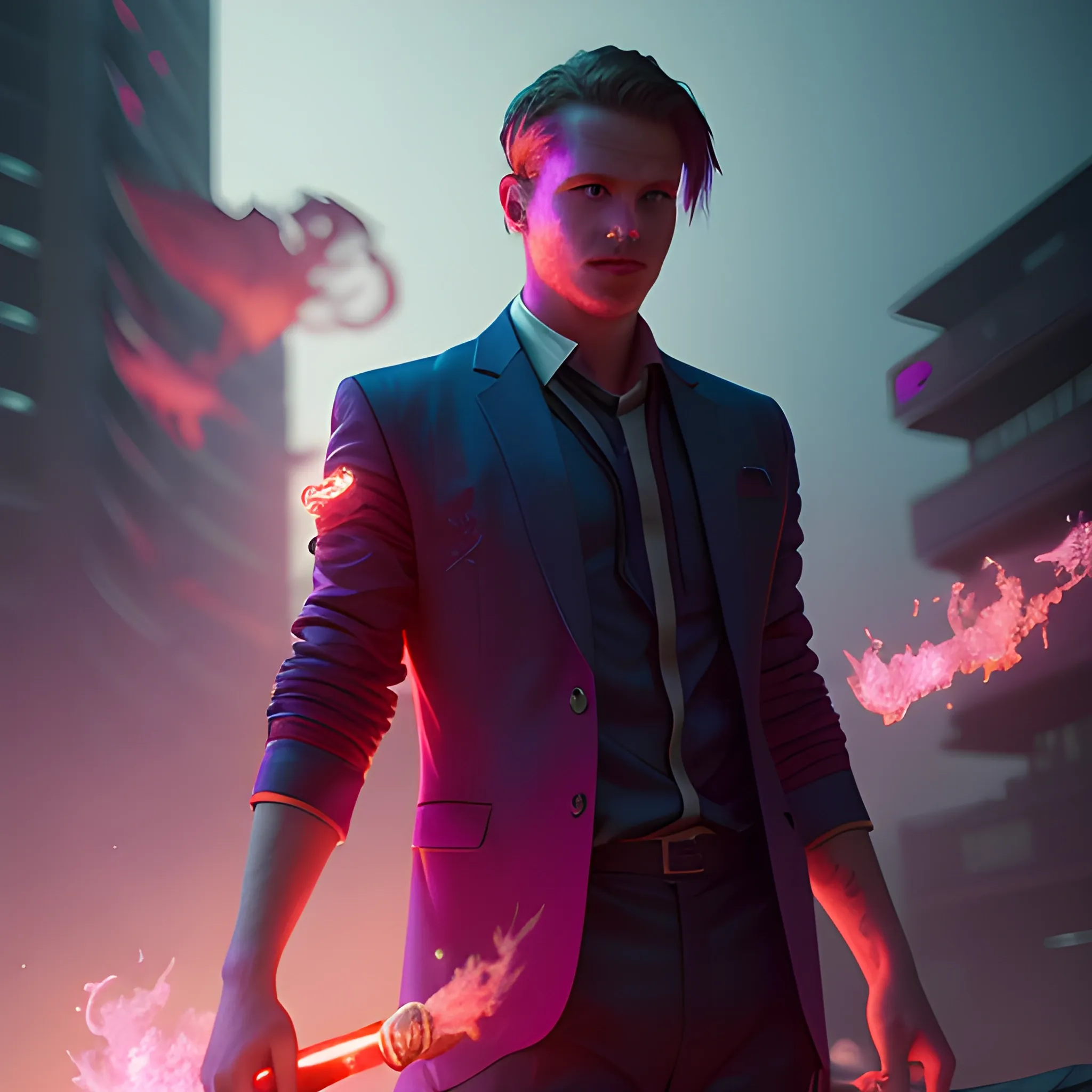 Jordan Gaarn Donaldson adult in modern clothing covered in purple and red flames by Greg Rutkowski, Sung Choi, Mitchell Mohrhauser, Maciej Kuciara, Johnson Ting, Maxim Verehin, Peter Konig, final fantasy, mythical, 8k photorealistic, cinematic lighting, HD, high details, atmospheric,