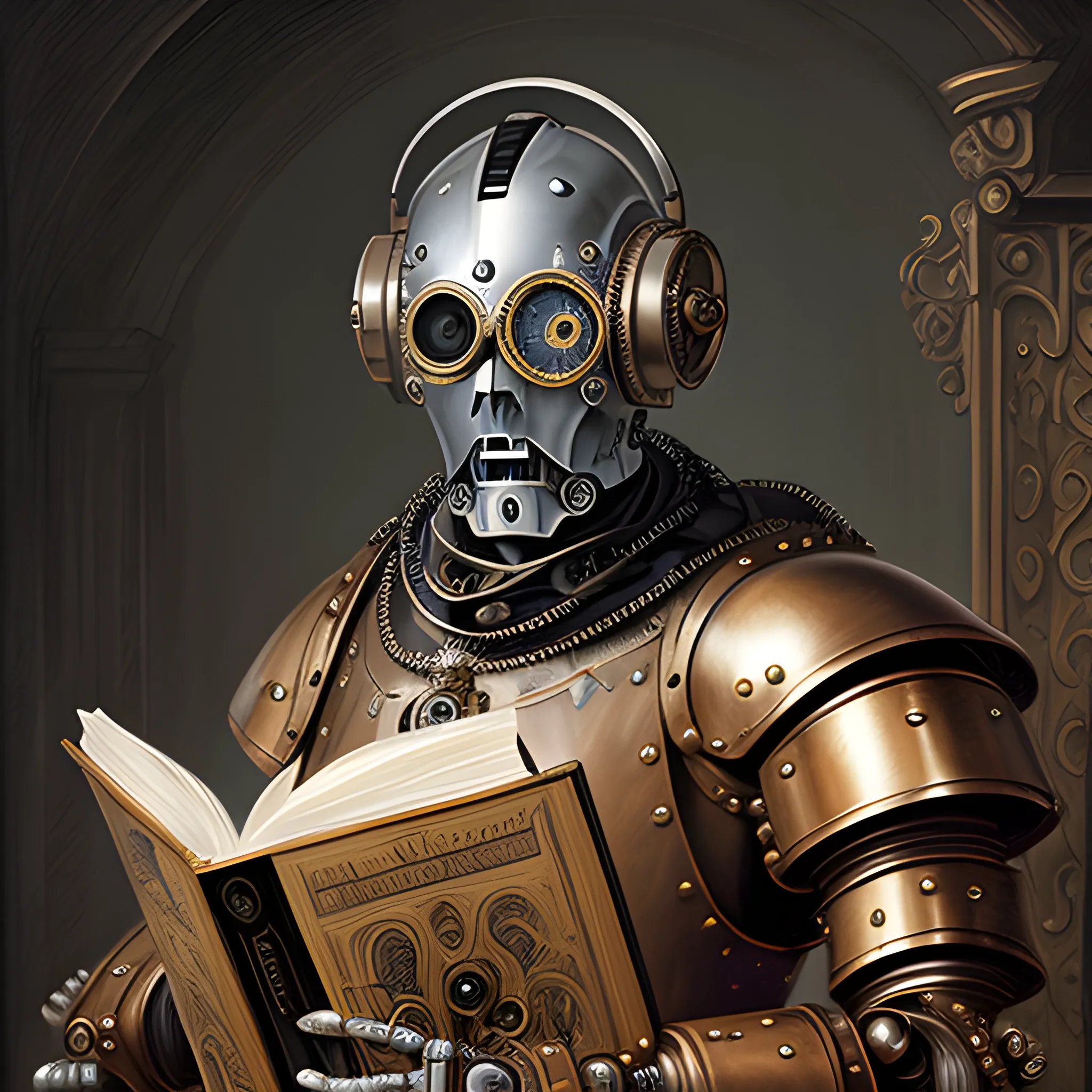 Renaissance portrait of an ornately armored warforged steampunk robotic person cyborg with a monocle, wearing a white judge wig,  holding a book, dnd, in a dark room, painterly, textured, medieval, fantasy, In the style of Caravaggio, 