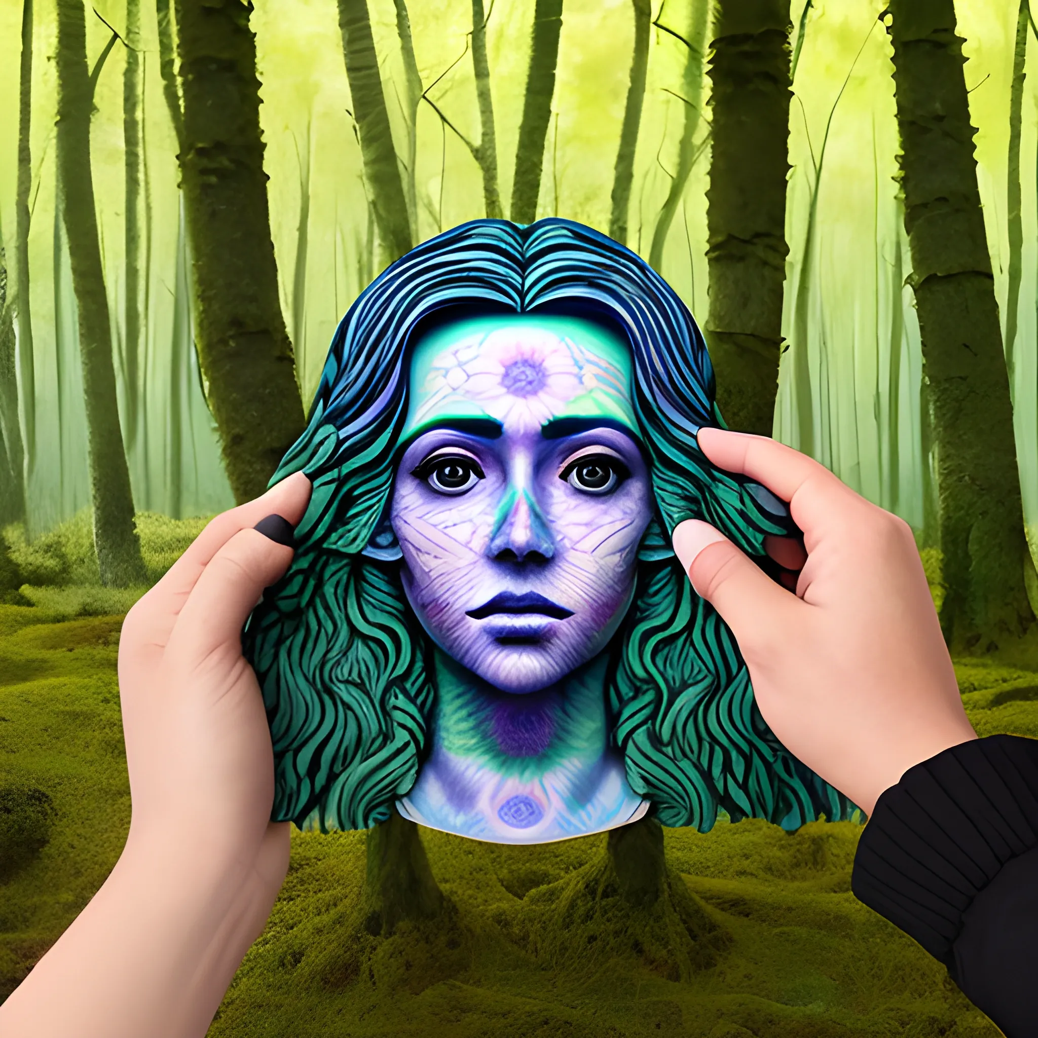 Mujer de lado simulando taparse alrededor de manos de textura de rama en bosque, Trippy