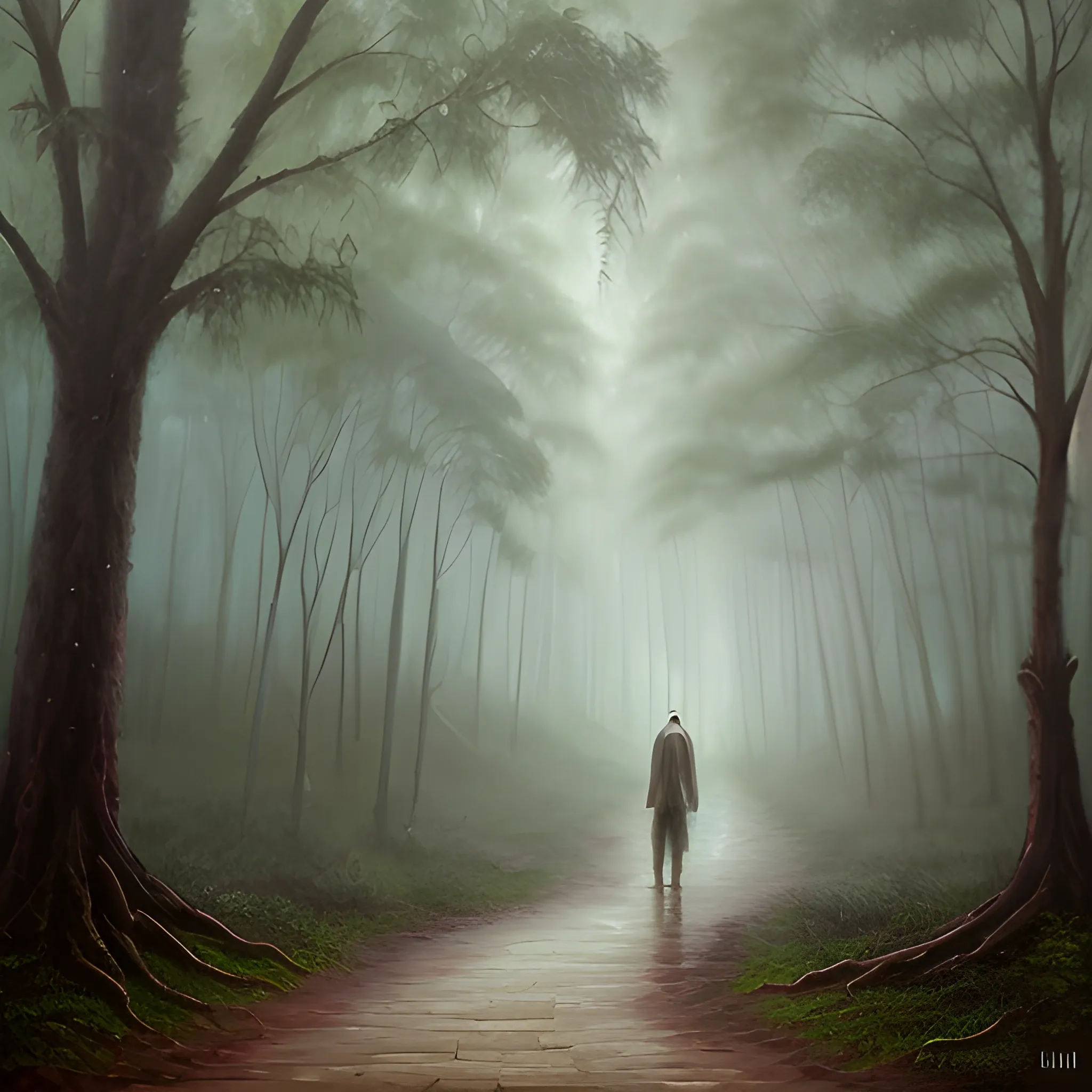 Criatura en bosque con aspecto demoniaco neblina 
 Oil Painting