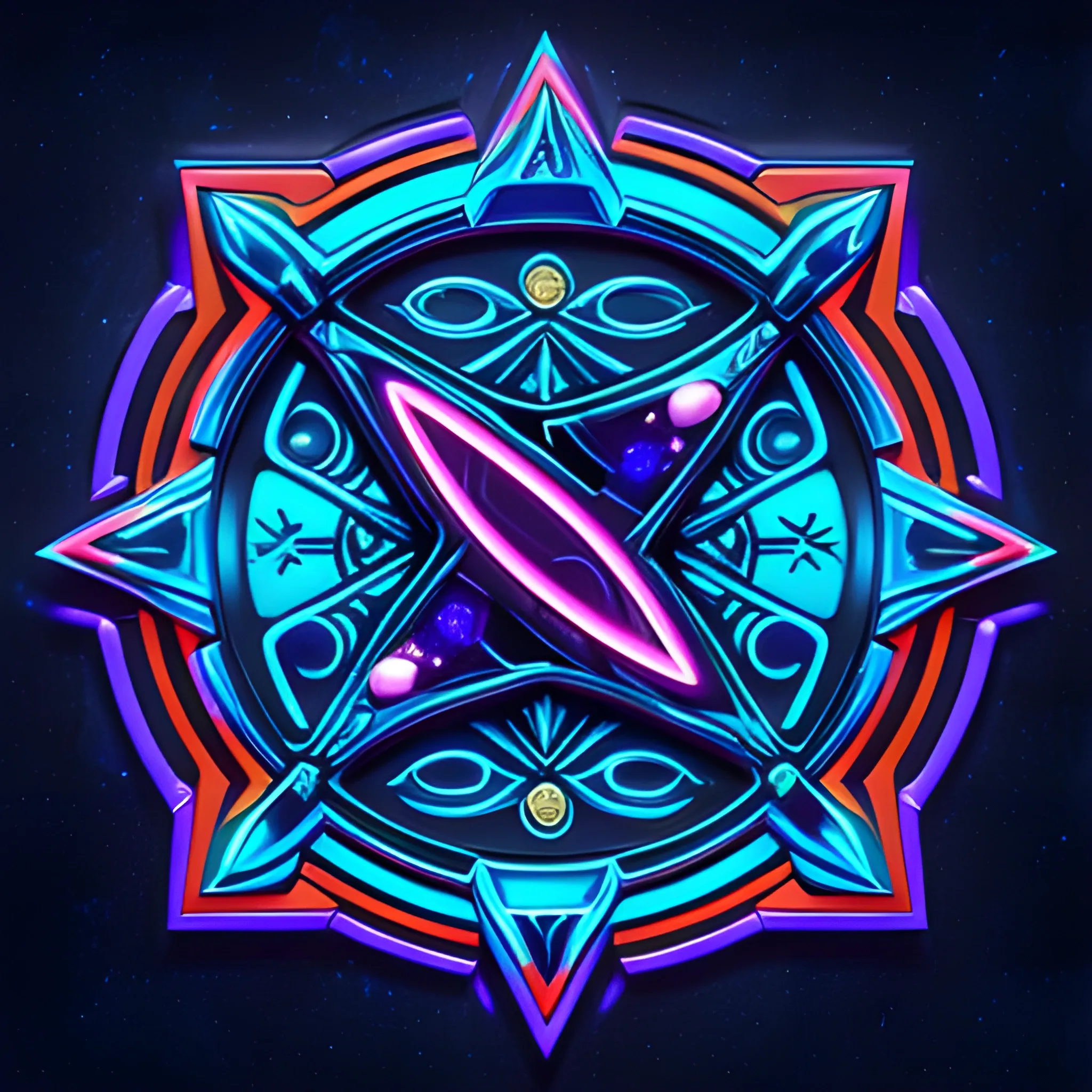 The "Velox" logo embodies Silkroad Online's essence, featuring a dynamic shield emblem illuminated with vibrant neon. Against midnight blue, a luminous azure shield, adorned with swift silver accents, evokes the game's excitement. Enigmatic markings, reminiscent of Medusa's intricate texture, glow in neon, enhanced by a perfected light effect. Swirling nova and sun effects add cosmic flair. Bold "Velox" typography below signifies strength amid this celestial display. This emblem promises immersive mystery, action, and adventure, all bathed in captivating neon brilliance and Medusa's allure., 3D