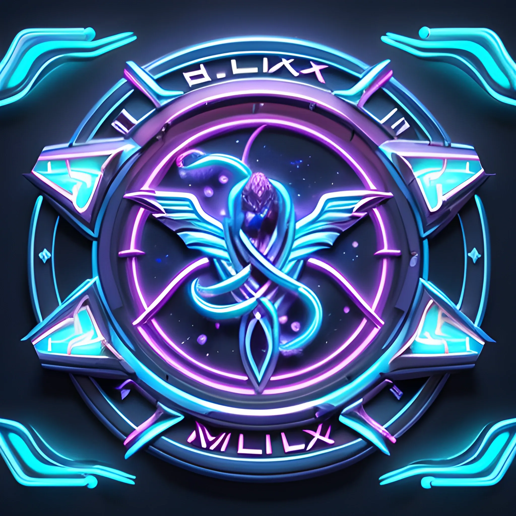 The "Velox" logo embodies Silkroad Online's essence, featuring a dynamic shield emblem illuminated with vibrant neon. Against midnight blue, a luminous azure shield, adorned with swift silver accents, evokes the game's excitement. Enigmatic markings, reminiscent of Medusa's intricate texture, glow in neon, enhanced by a perfected light effect. Swirling nova and sun effects add cosmic flair. Bold "Velox" typography below signifies strength amid this celestial display. This emblem promises immersive mystery, action, and adventure, all bathed in captivating neon brilliance and Medusa's allure., 3D