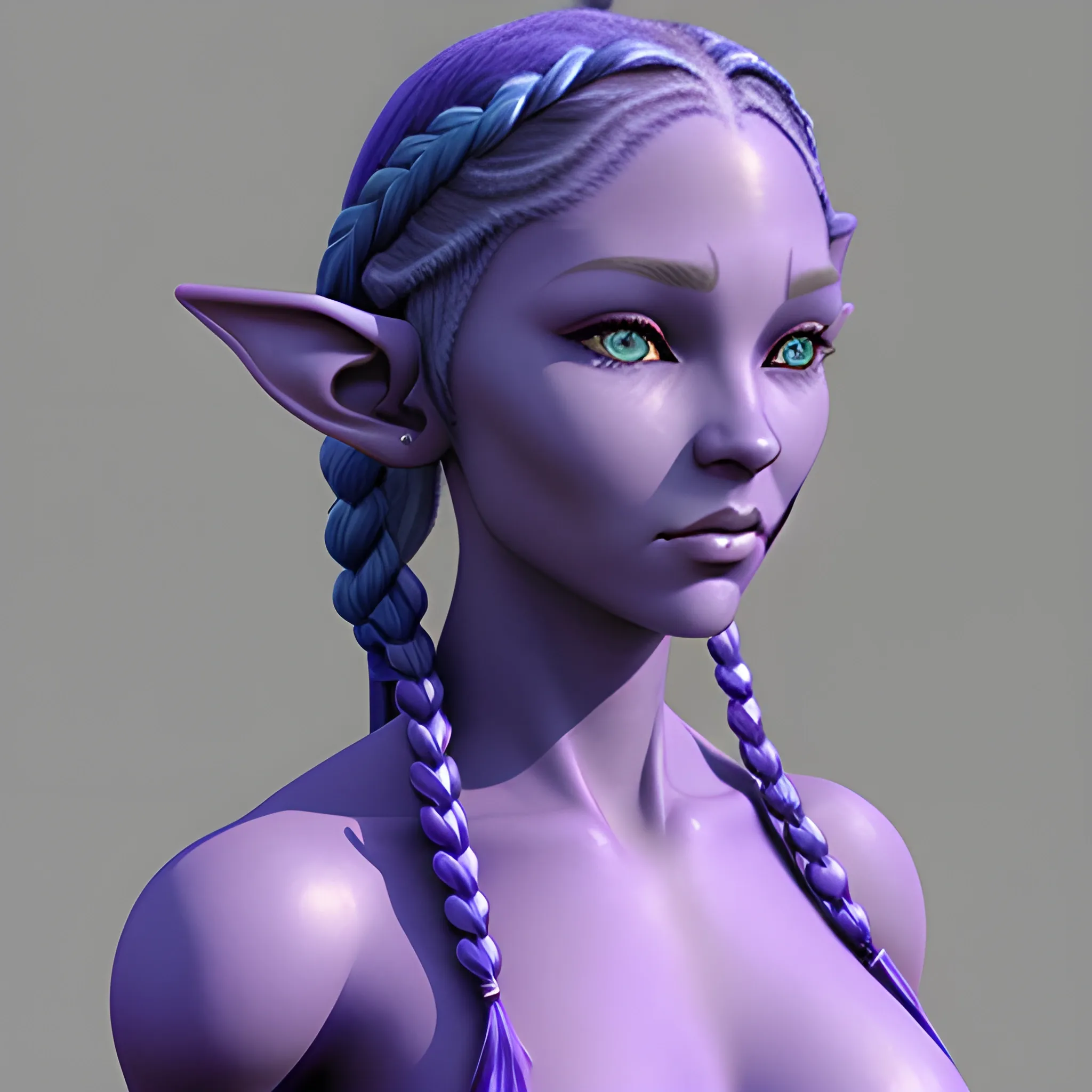 etheral 
Water female 
elf with light browne skin, purple eyes, Blue braided hair, oil , Pencil Sketch, 3D