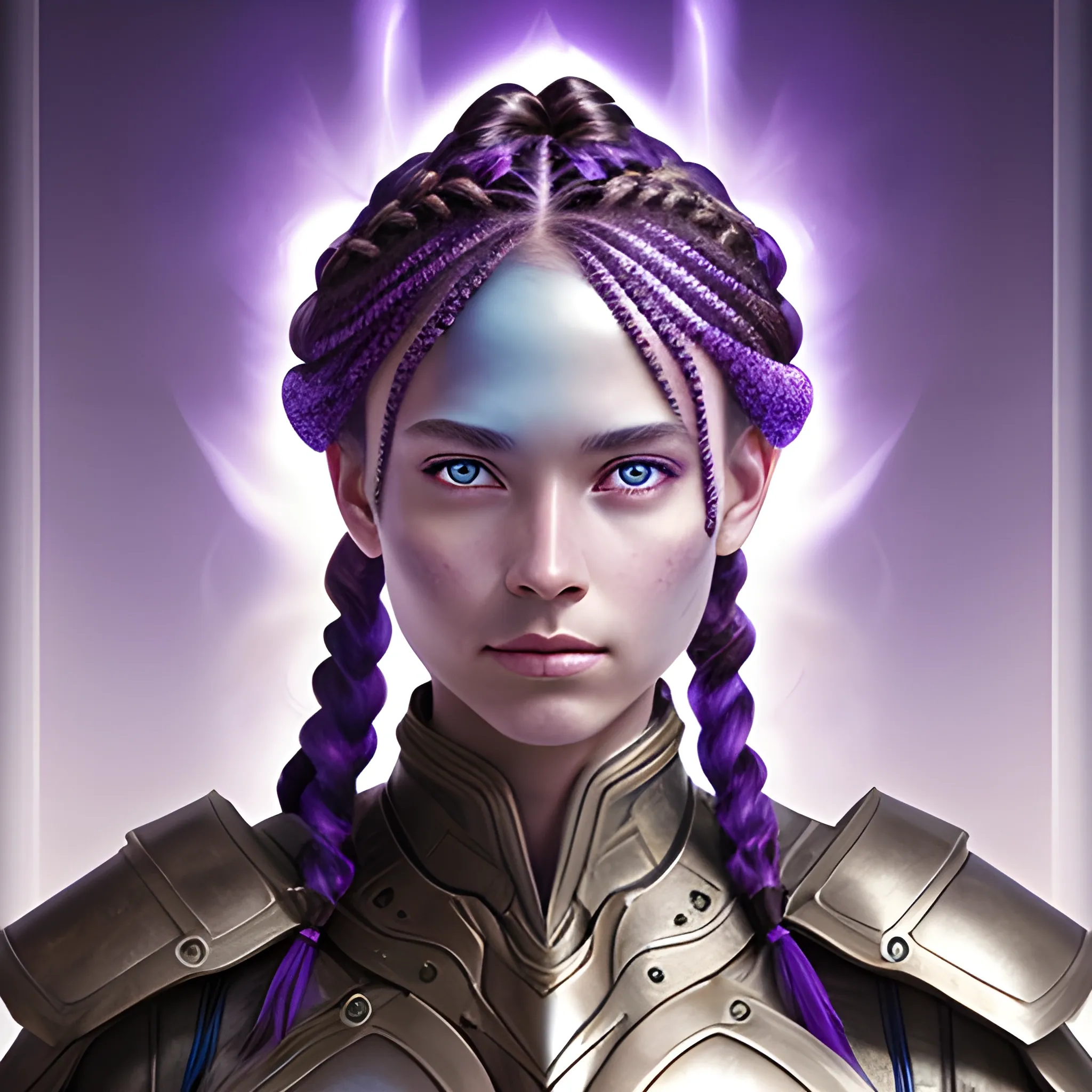 ethereal  female 
 with light brown skin, purple eyes, Blue braided hair in light armour, oil 