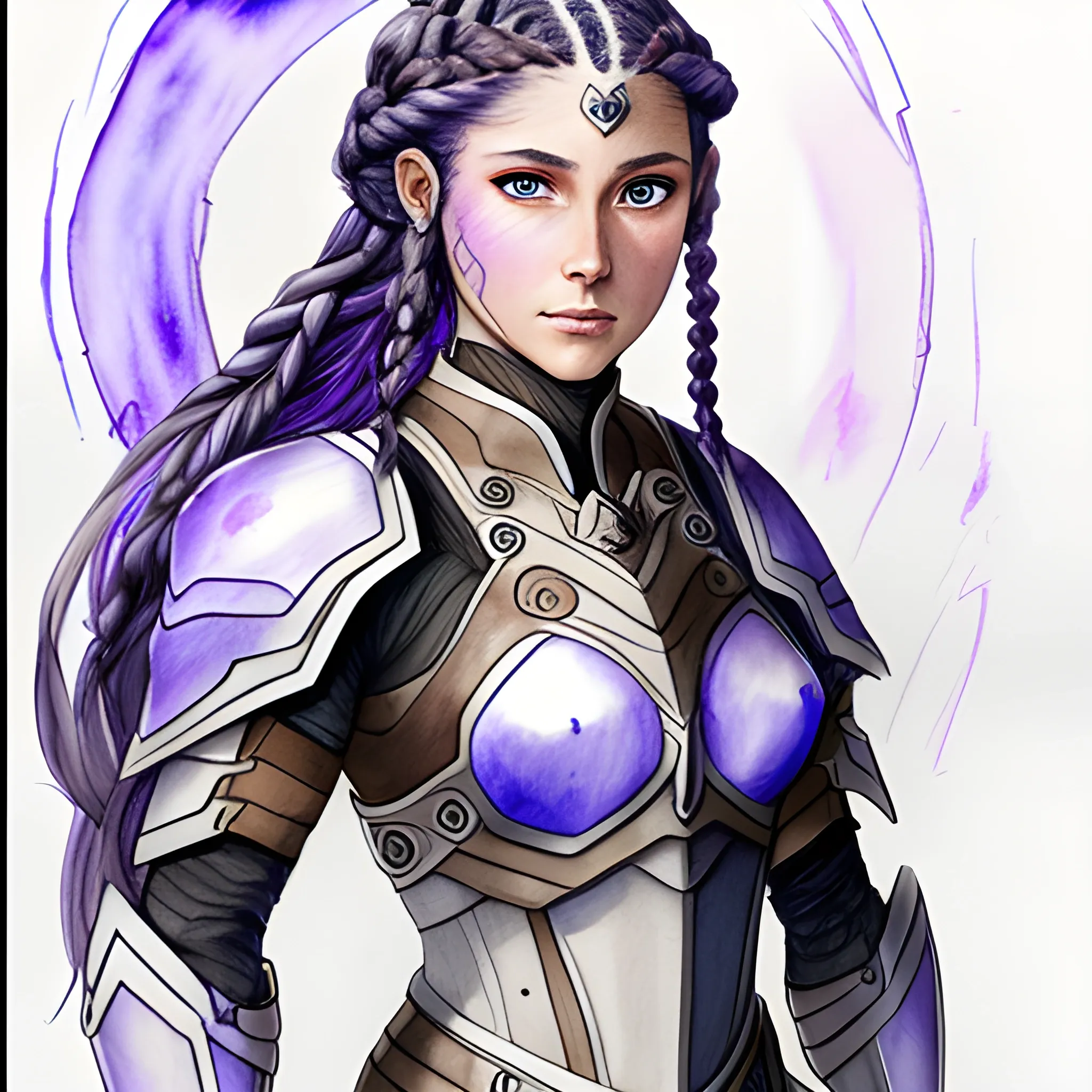 ethereal  female 
 with light brown skin and purple eyes, long dark blue braided hair in light armor, Pencil Sketch, Water Color