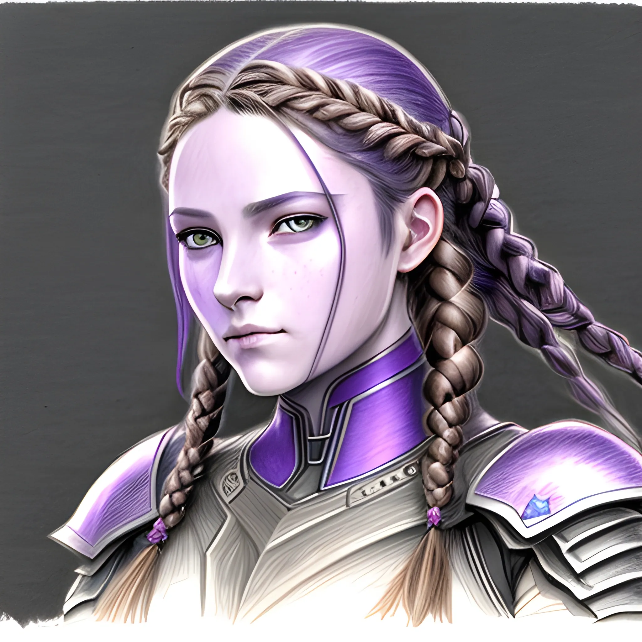 ethereal  female 
 with light brown skin and purple eyes, long dark blue braided hair in light armor, Pencil Sketch,  Pencil Sketch