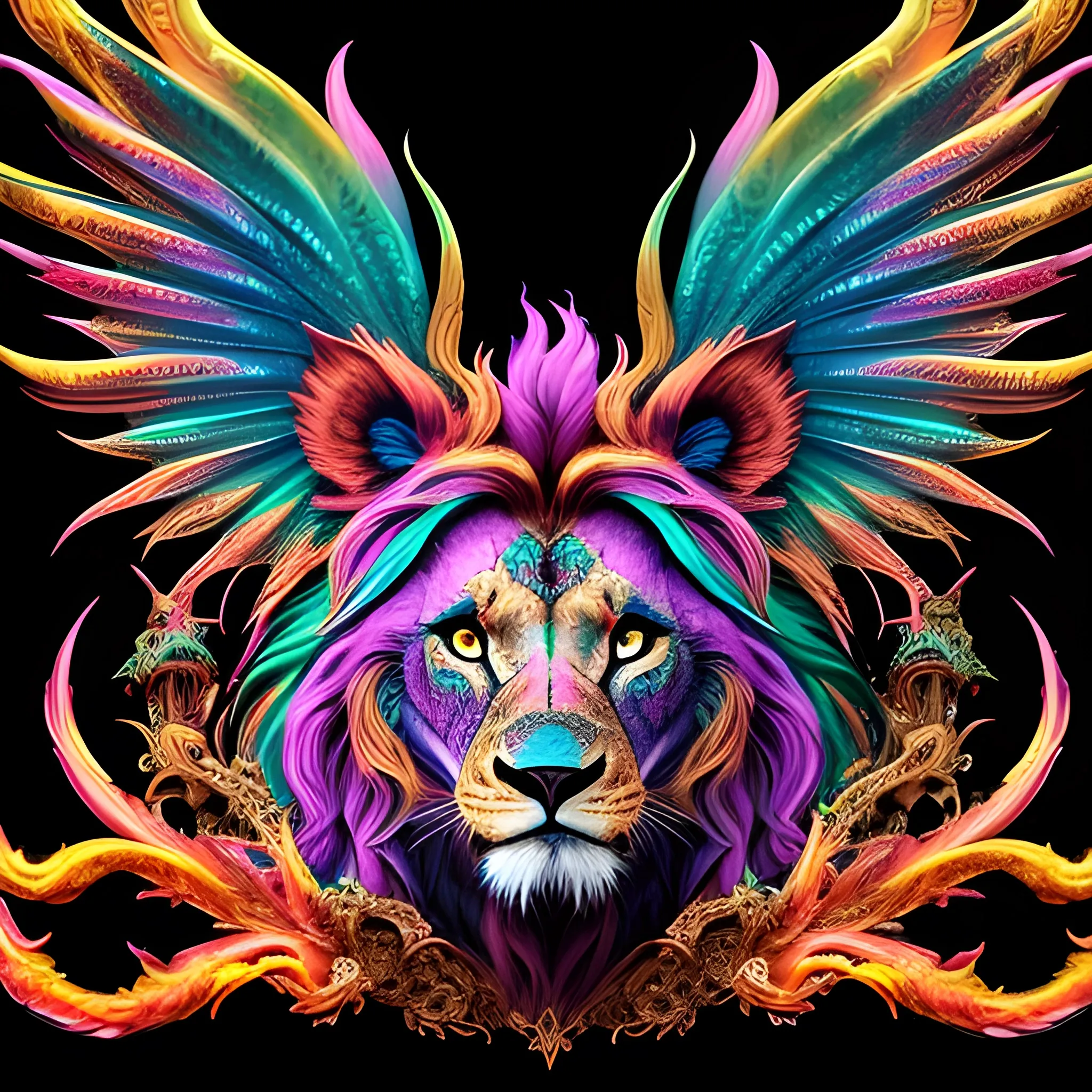  the colorful Lion head is on a black background, in the style of 8k resolution, colorful gradients, tim shumate, cute and colorful, massurrealism, magipunk,
charming characters, black background, fire psychedelic, cute eyes, dragon wings, bear claws, peacock feathers, filigree laser fractal details, glistening shiny scales, intricate ornate hypermaximalist sharp focus, dramatic lighting, highly detailed and intricate, hyper maximalist, ornate, photographic style, luxury, elite, haunting matte painting, cinematic, Trippy