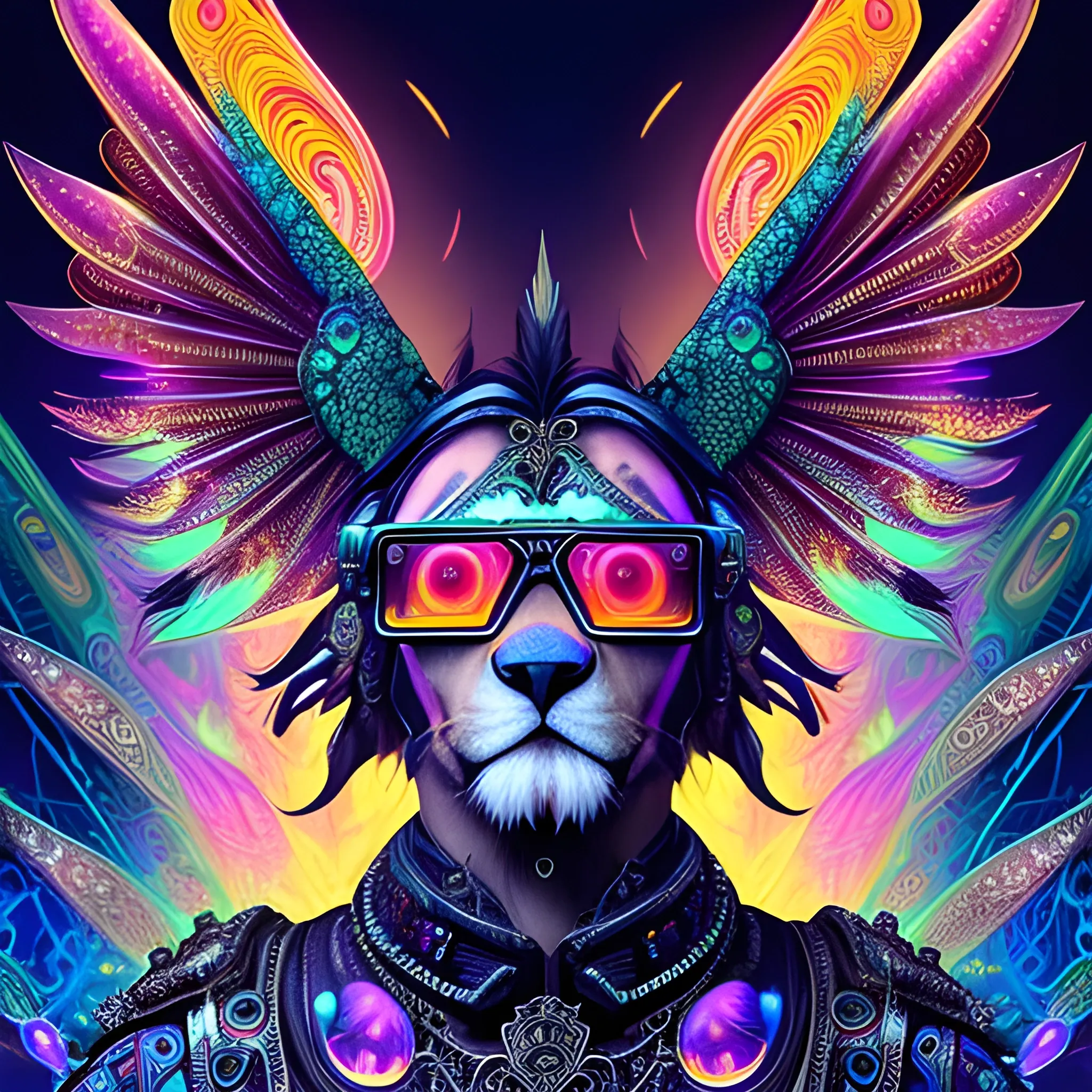 Silicon valley virtual reality 10 th anniversary, beagle  Lion with glasses, cyberpunk art by android jones, cyberpunk art by beeple, synthwave, darksynth, quantum tracerwave, wireframes, 
in the style of 8k resolution, colorful gradients, tim shumate, cute and colorful, massurrealism, magipunk,
charming characters, black background, fire psychedelic, cute eyes, dragon wings, bear claws, peacock feathers, filigree laser fractal details, glistening shiny scales, intricate ornate hypermaximalist sharp focus, dramatic lighting, highly detailed and intricate, hyper maximalist, ornate, photographic style, luxury, elite, haunting matte painting, cinematic