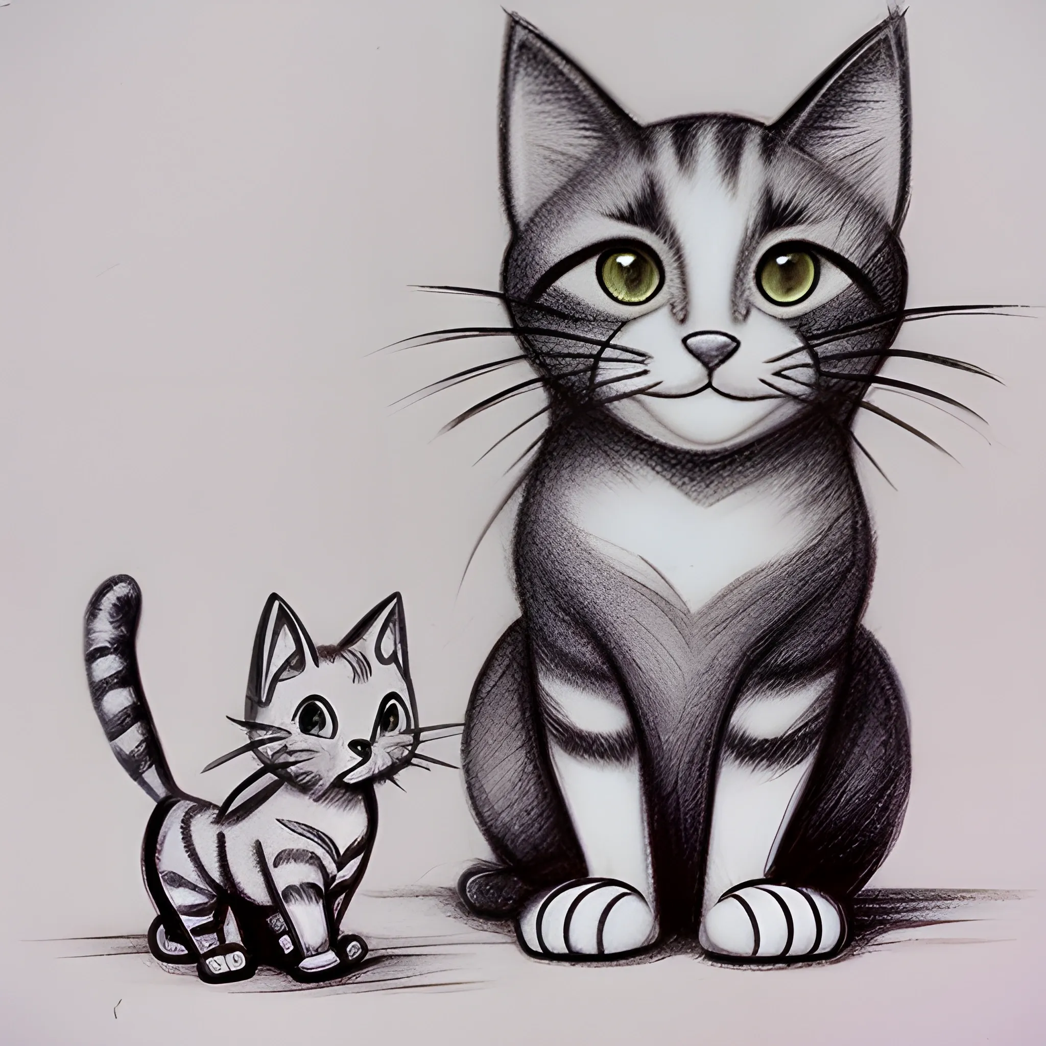 Gato y su cachorro, estilo de dibujos animados de Disney, fondo blanco, Pencil Sketch