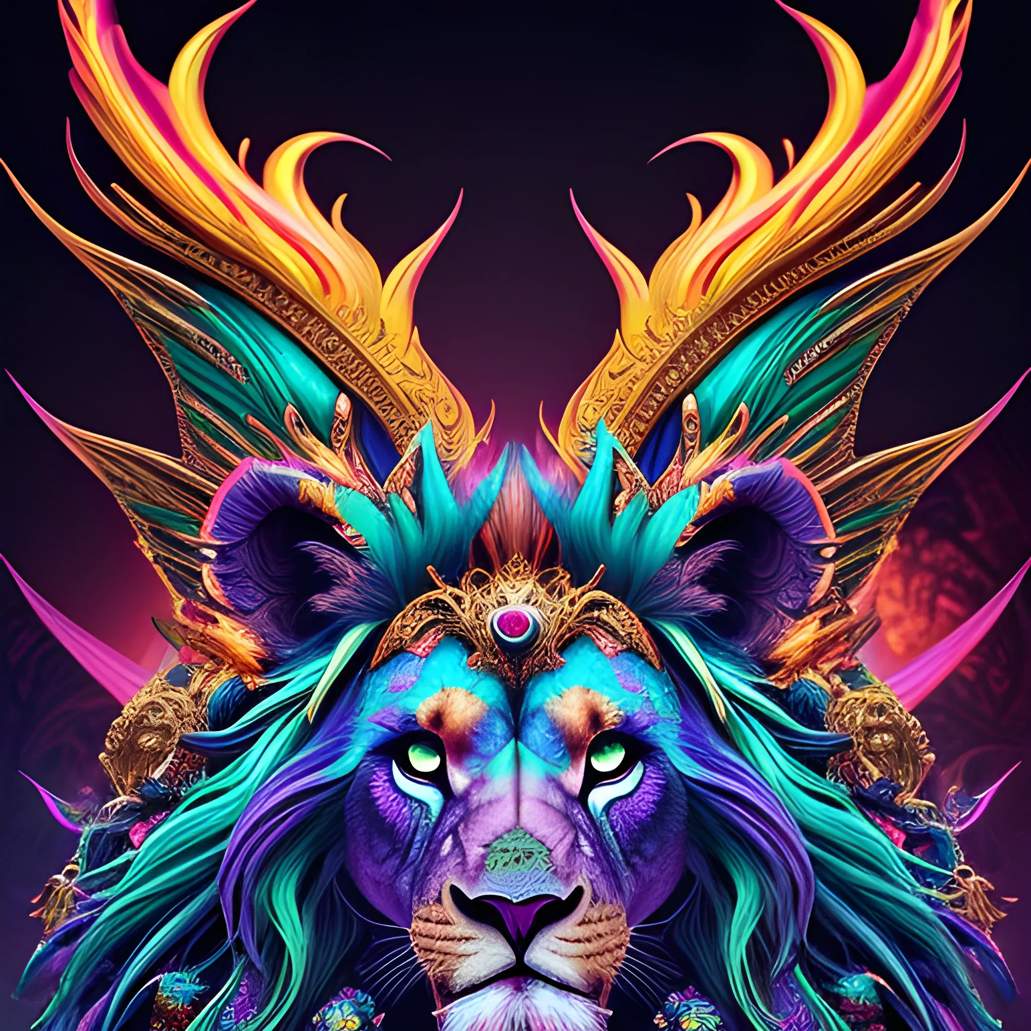 designer, the colorful  Lion head is on a black background, in the style of 8k resolution, colorful gradients, tim shumate, cute and colorful, massurrealism, magipunk,
charming characters, black background, fire psychedelic, cute eyes, dragon wings, bear claws, peacock feathers, filigree laser fractal details, glistening shiny scales, intricate ornate hypermaximalist sharp focus, dramatic lighting, highly detailed and intricate, hyper maximalist, ornate, photographic style, luxury, elite, haunting matte painting, cinematic, Trippy