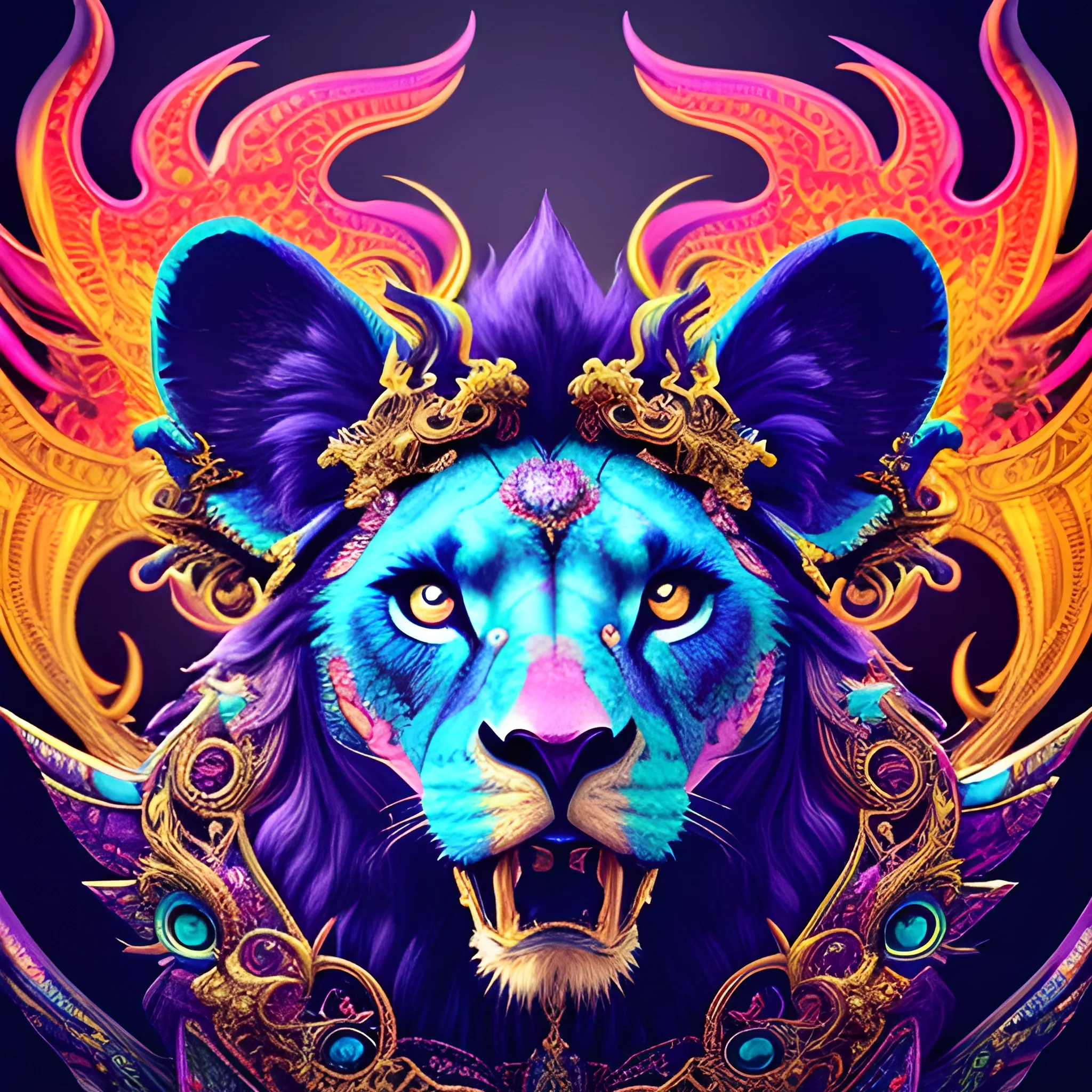 designer, the colorful  Lion head is on a black background, in the style of 8k resolution, colorful gradients, tim shumate, cute and colorful, massurrealism, magipunk,
charming characters, black background, fire psychedelic, cute eyes, dragon wings, bear claws, peacock feathers, filigree laser fractal details, glistening shiny scales, intricate ornate hypermaximalist sharp focus, dramatic lighting, highly detailed and intricate, hyper maximalist, ornate, photographic style, luxury, elite, haunting matte painting, cinematic, Trippy