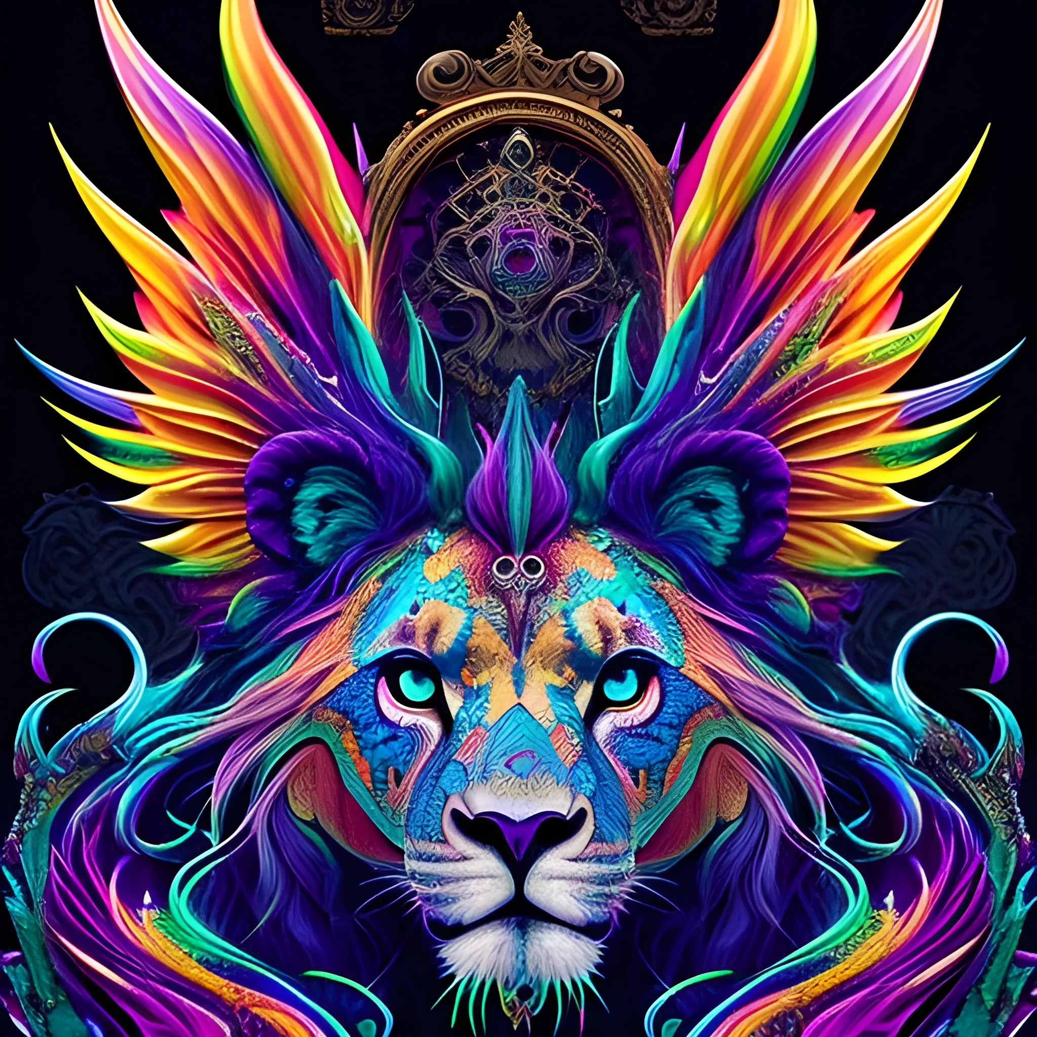 designer, the colorful Lion head is on a black background, in t ...