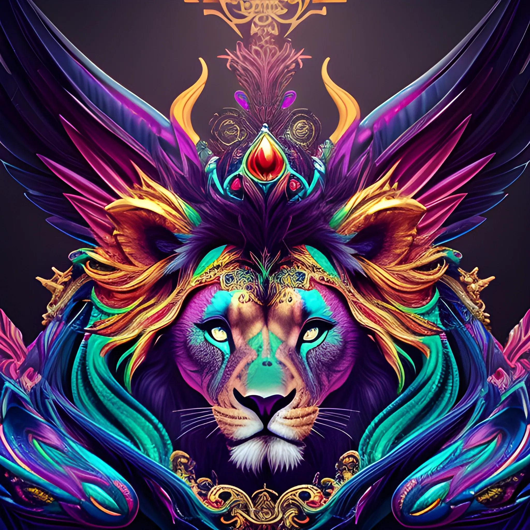 designer, the colorful  Lion head is on a black background, in the style of 8k resolution, colorful gradients, tim shumate, cute and colorful, massurrealism, magipunk,
charming characters, black background, fire psychedelic, cute eyes, dragon wings, bear claws, peacock feathers, filigree laser fractal details, glistening shiny scales, intricate ornate hypermaximalist sharp focus, dramatic lighting, highly detailed and intricate, hyper maximalist, ornate, photographic style, luxury, elite, haunting matte painting, cinematic, Trippy, 3D