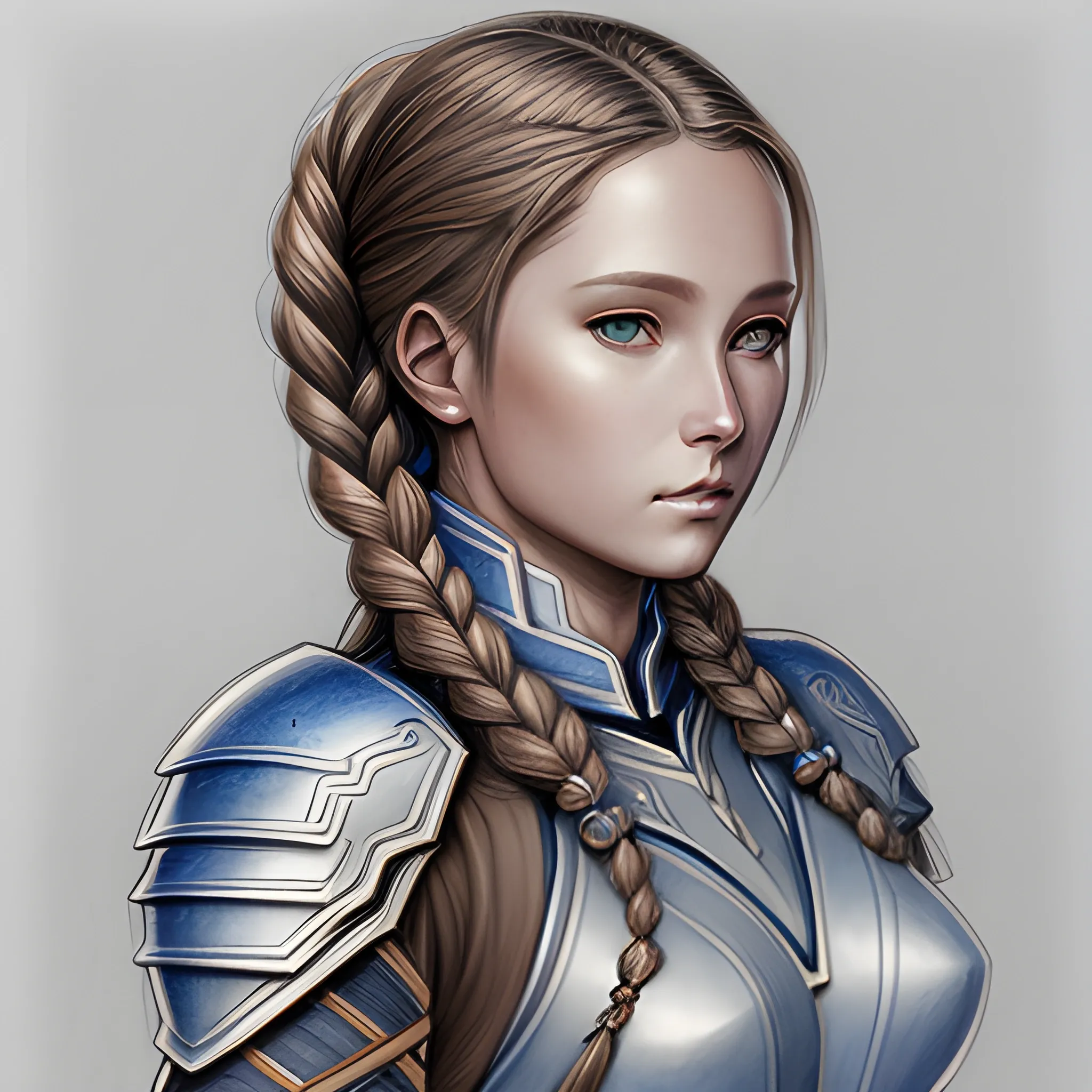 ethereal  female 
 with light brown skin and long dark blue braided hair in light armor, Pencil Sketch,  Pencil Sketch