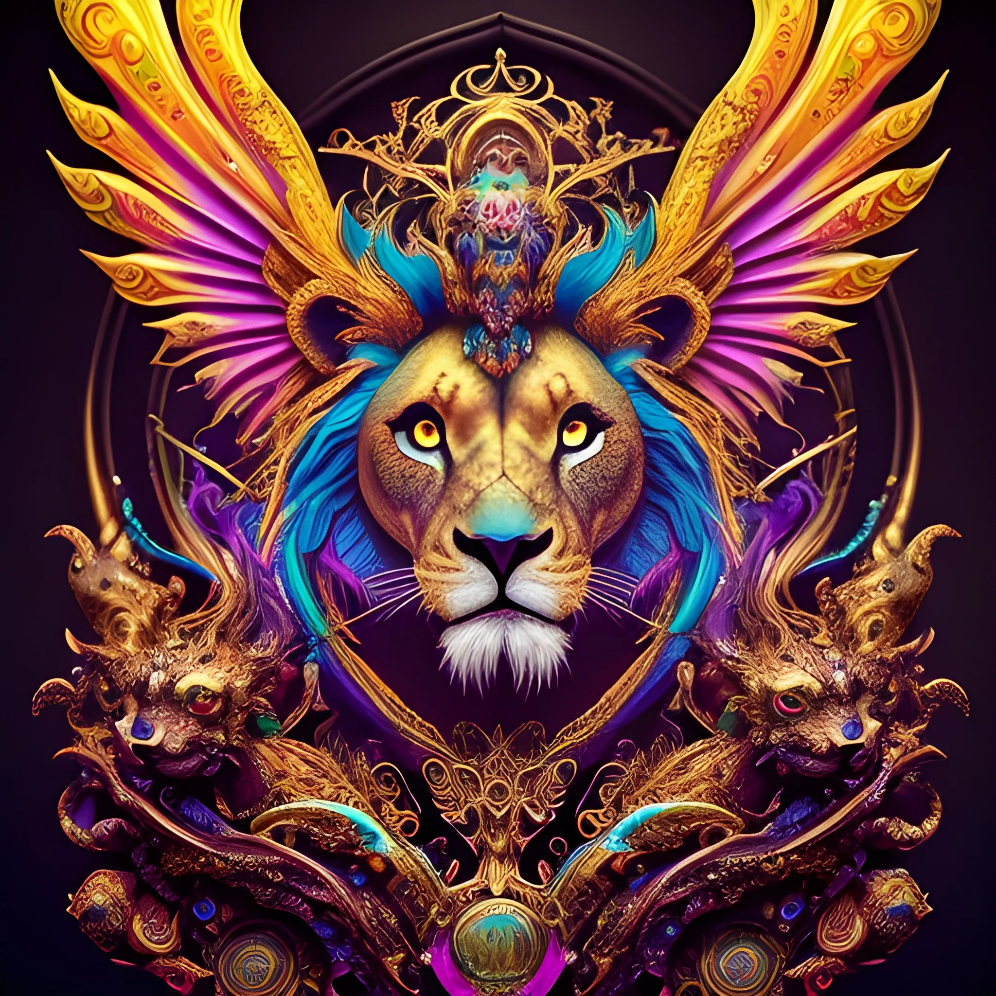 designer, the colorful  Lion head is on a black background, in the style of 8k resolution, colorful gradients, tim shumate, cute and colorful, massurrealism, magipunk,
charming characters, black background, fire psychedelic, cute eyes, dragon wings, bear claws, peacock feathers, filigree laser fractal details, glistening shiny scales, intricate ornate hypermaximalist sharp focus, dramatic lighting, highly detailed and intricate, hyper maximalist, ornate, photographic style, luxury, elite, haunting matte painting, cinematic, Trippy, 3D, 3D